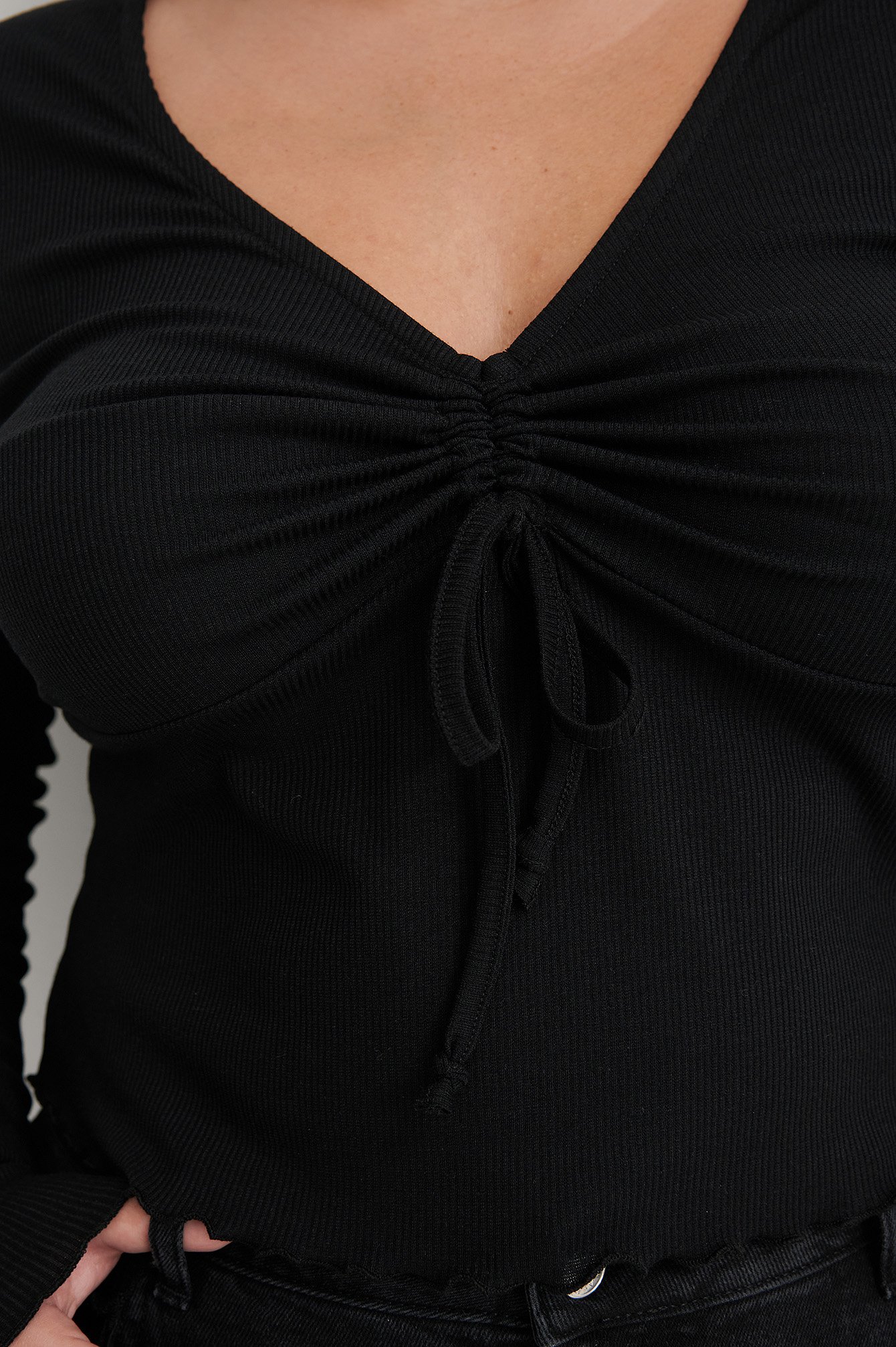 Black Drawstring Detail Long Sleeve Top