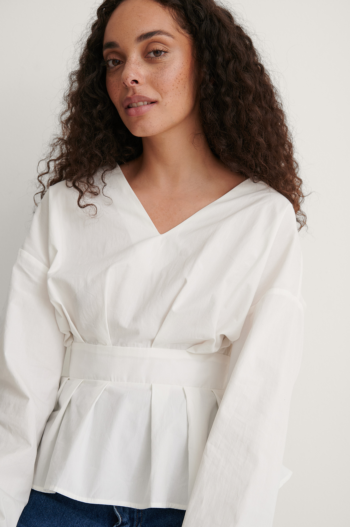 White Organic Dropped Shoulder Belted Waist Top