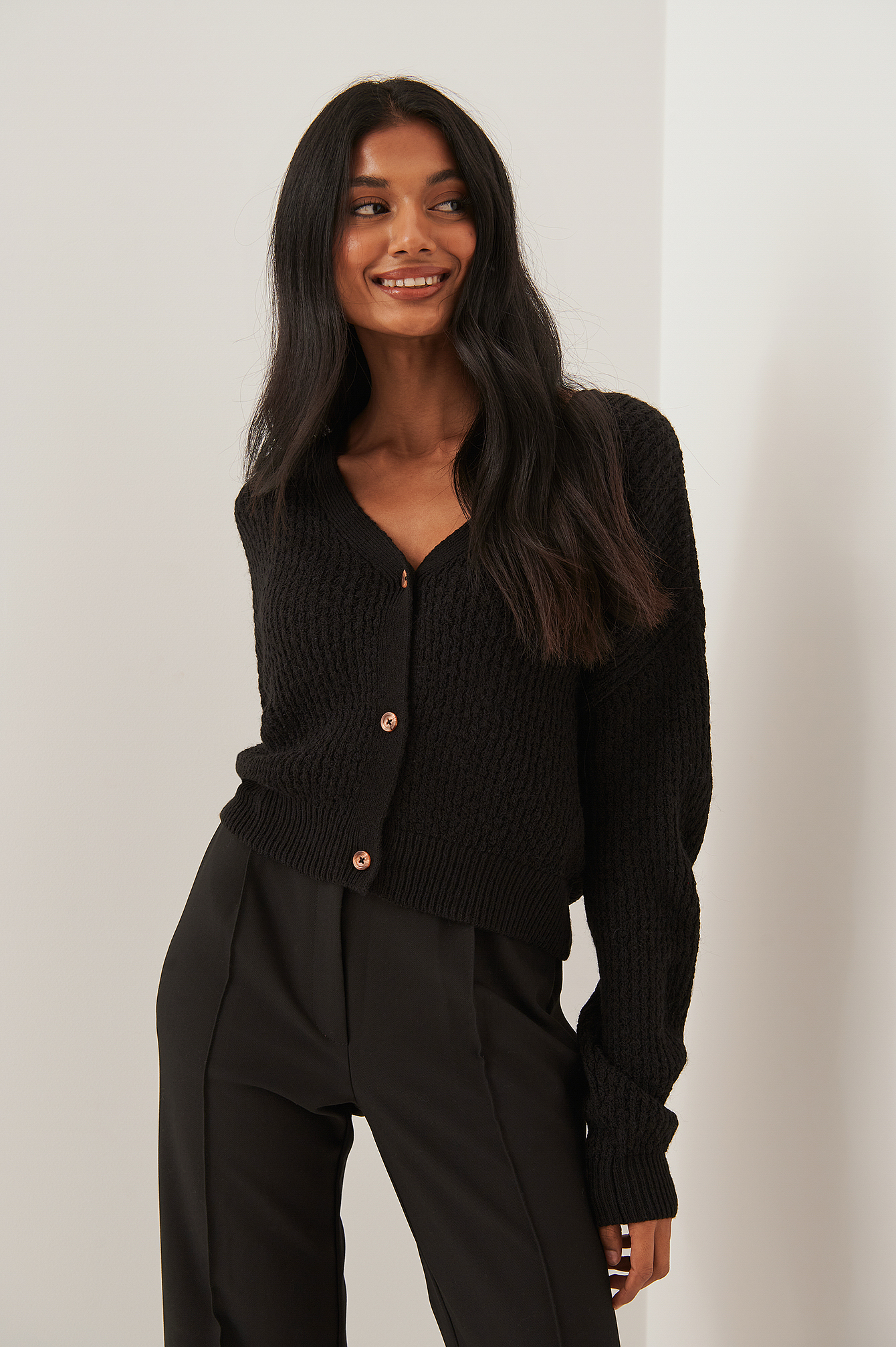 Black Dropped Shoulder Knitted Buttoned Cardigan