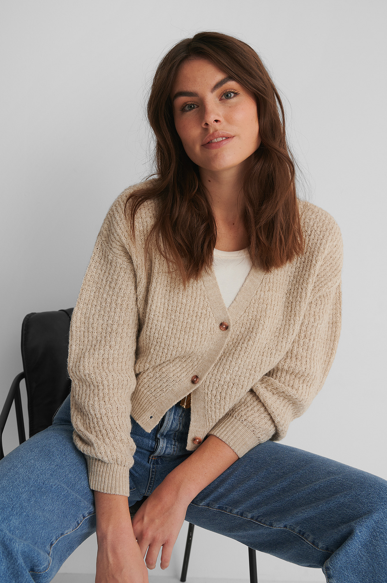Beige Dropped Shoulder Knitted Buttoned Cardigan