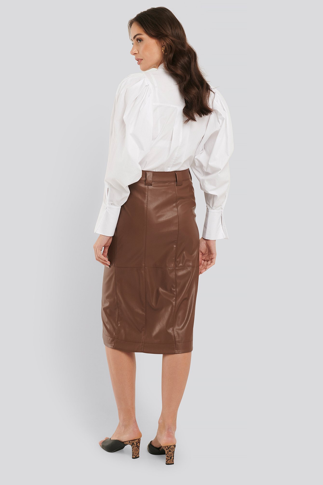 Brown Faux Leather Wrap Skirt