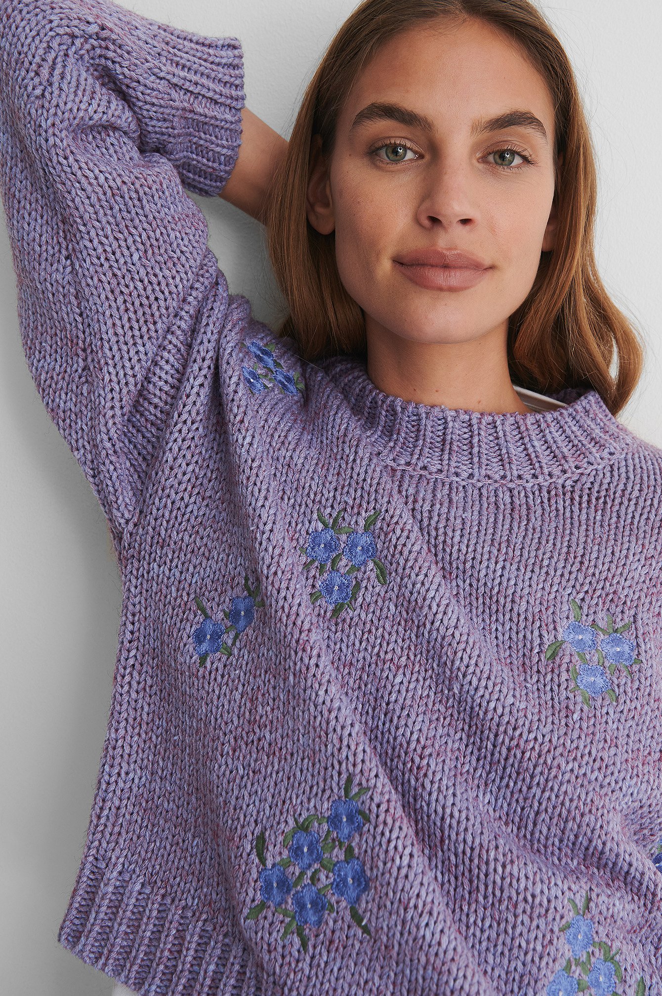 Purple Flower Embroidery Round Neck Knitted Sweater