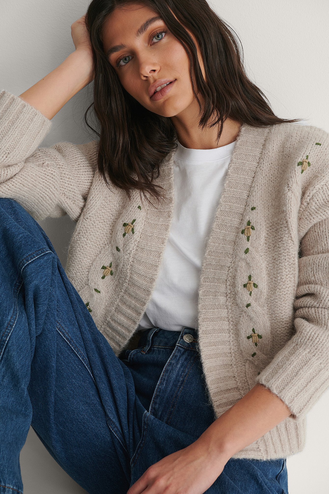 Grey Flower Embroidery Knitted Cardigan