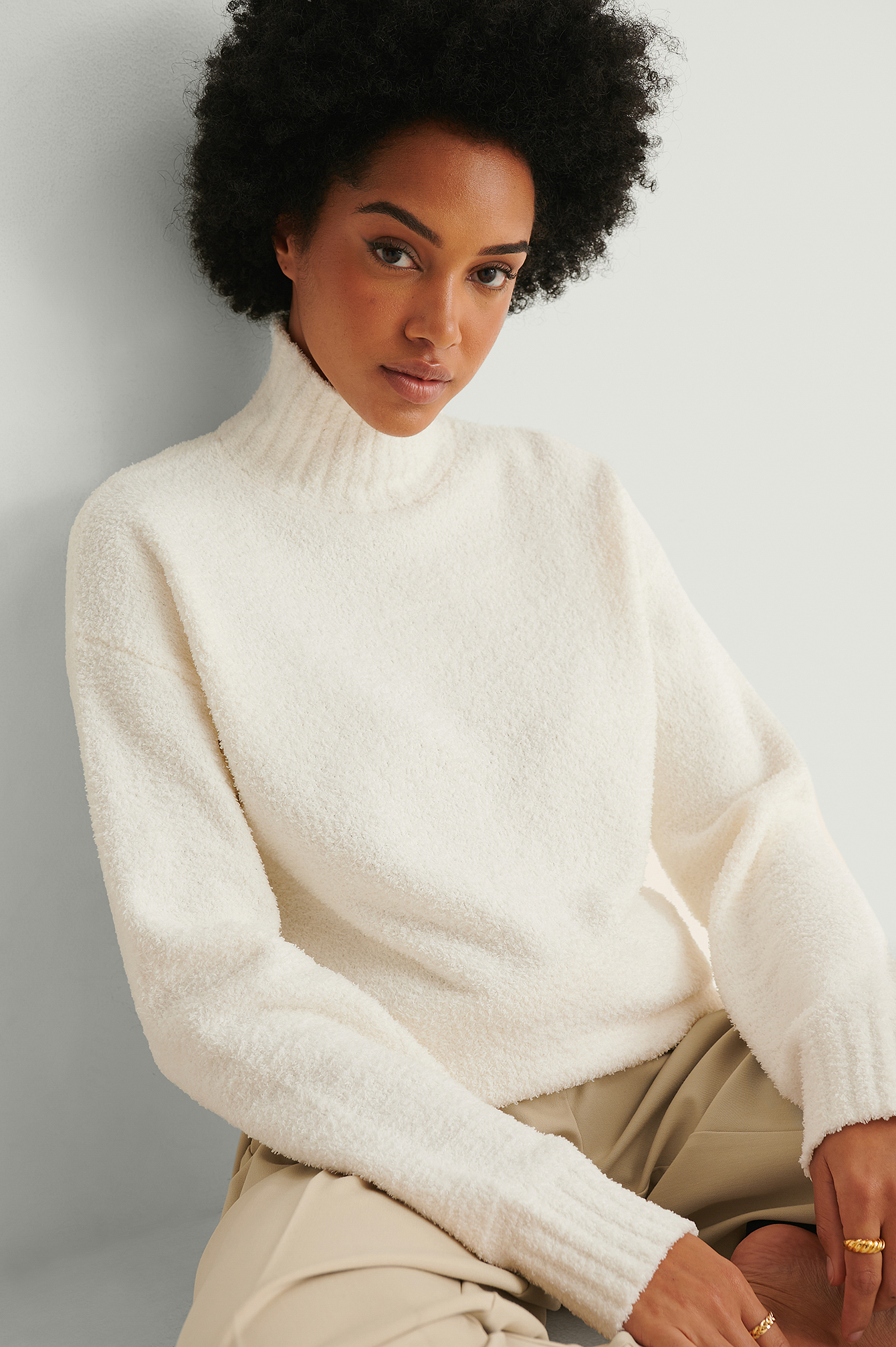 White Recycled Fluffy High Neck Knitted Sweater