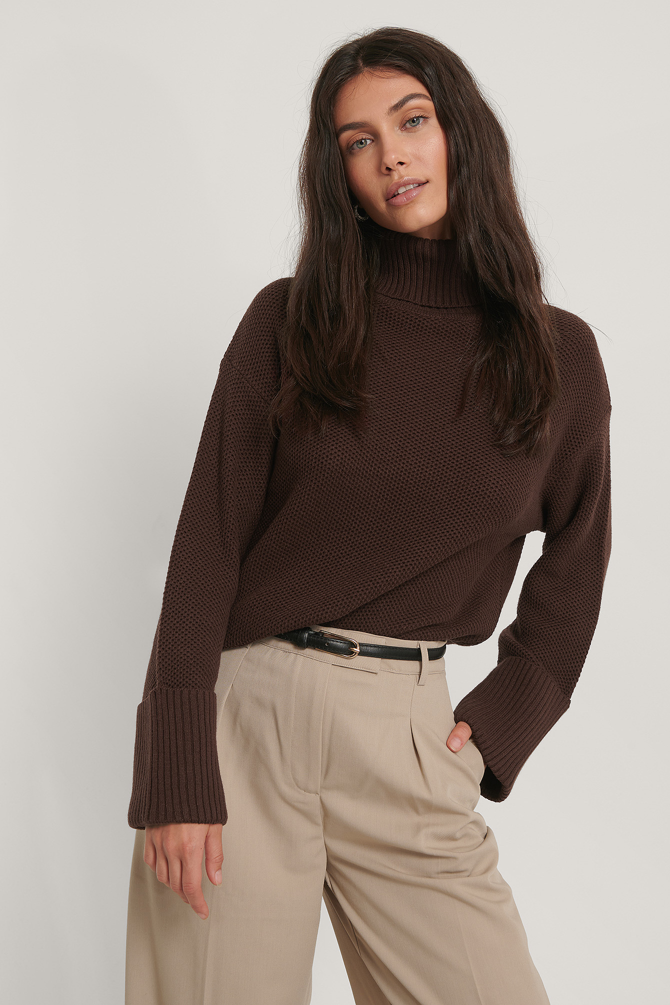 Brown Folded High Neck Knitted Sweater