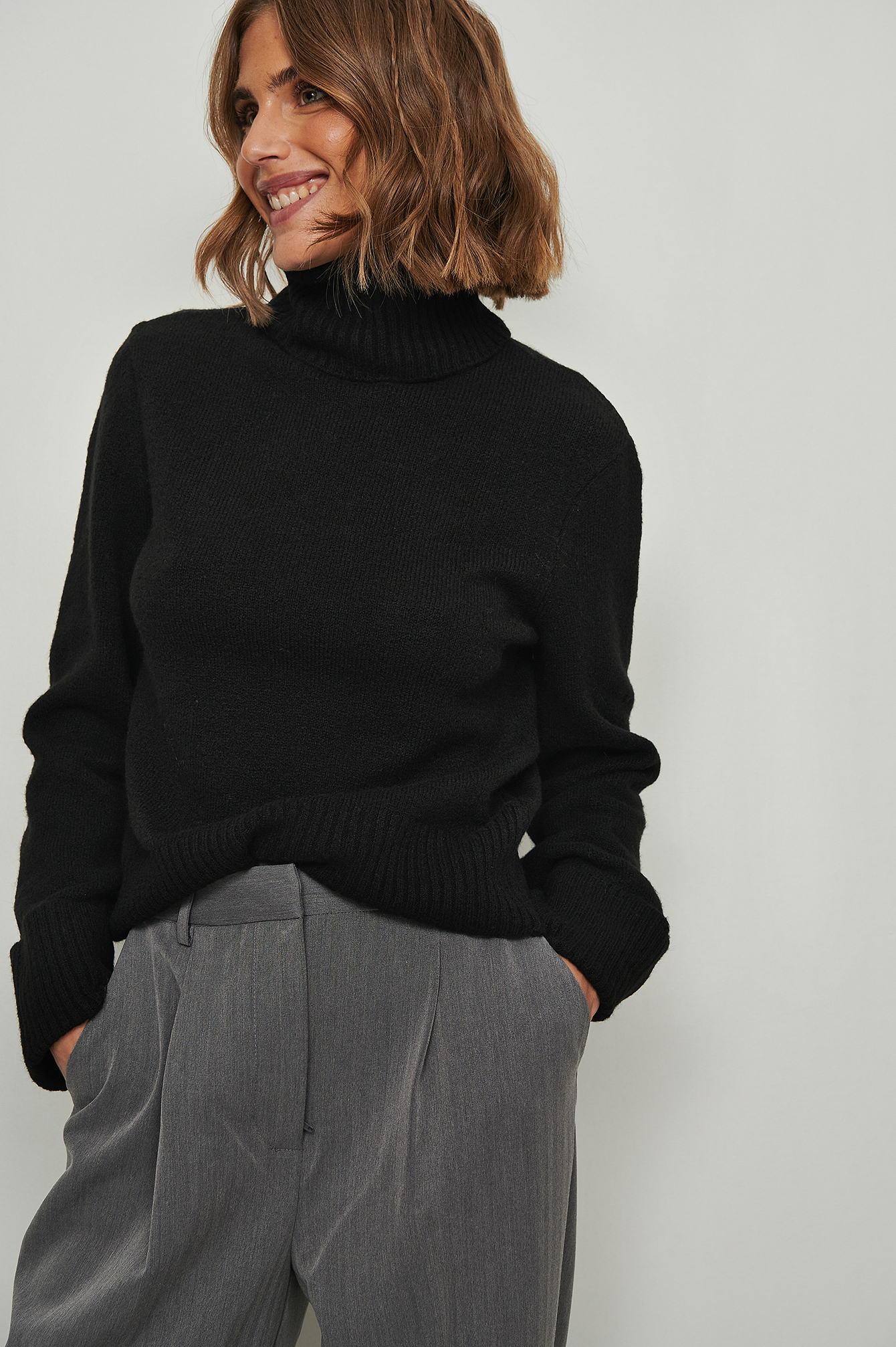 Black Folded Sleeve High Neck Sweater