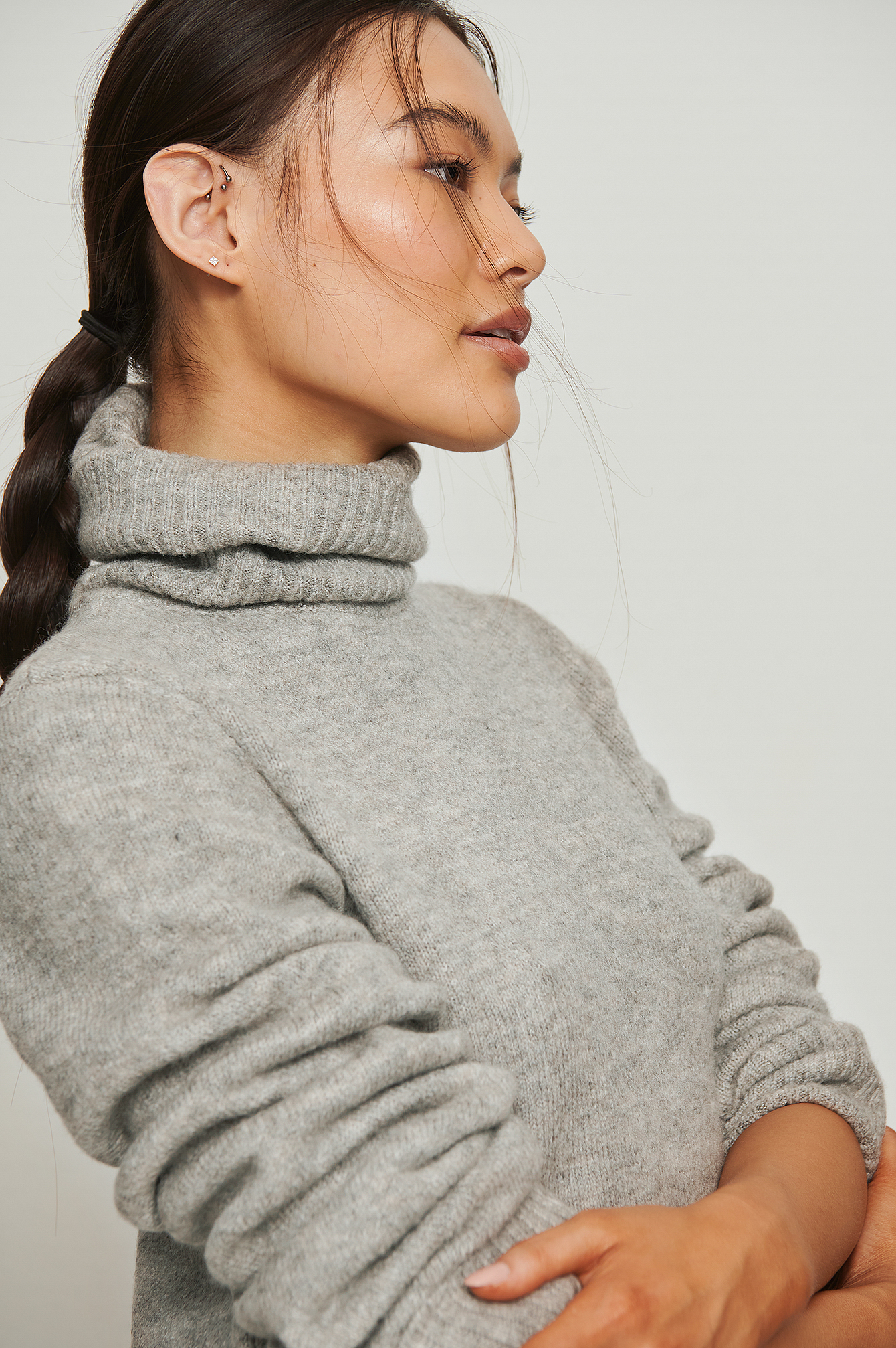 Grey Melange Folded Sleeve High Neck Sweater