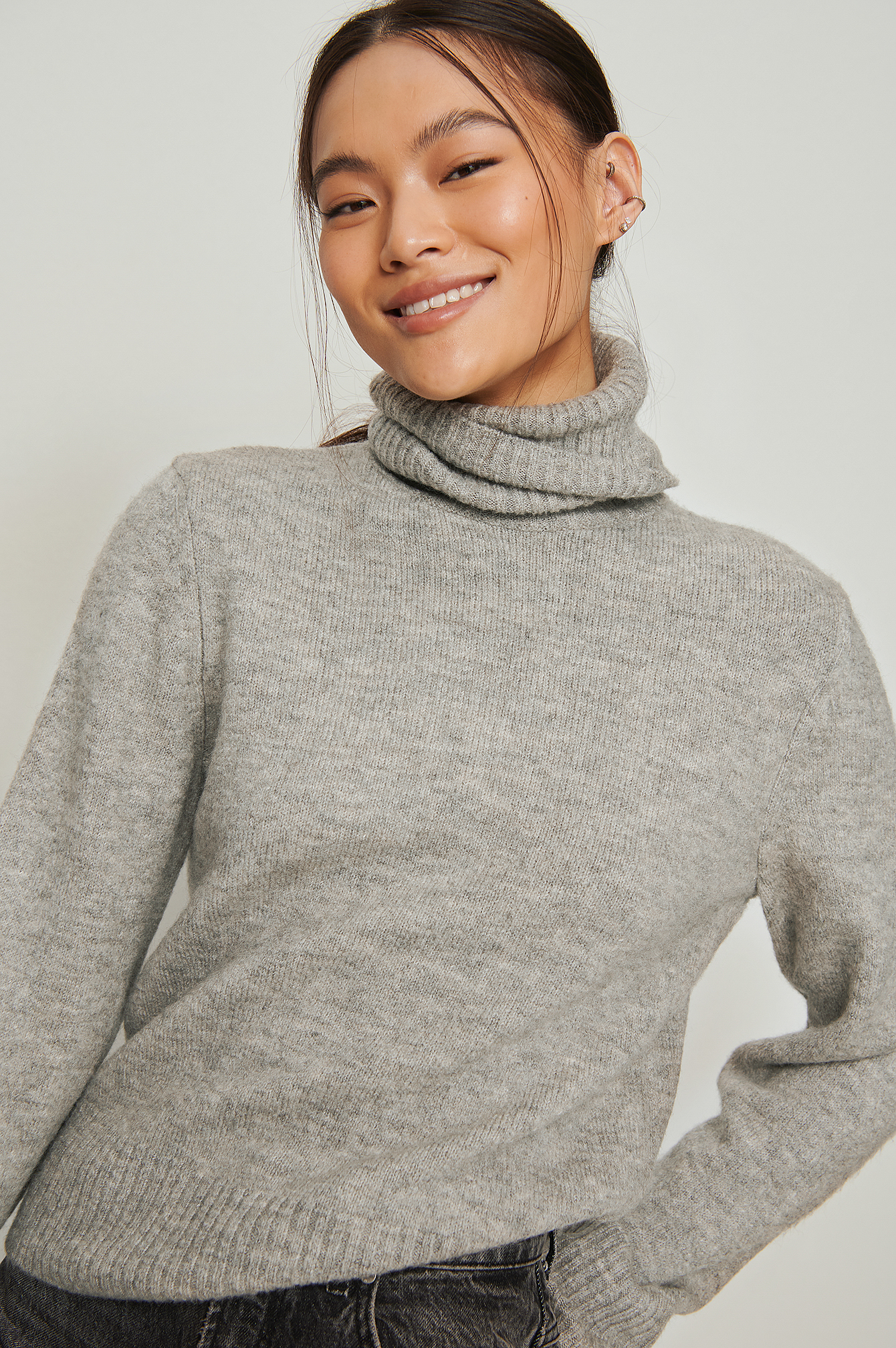 Grey Melange Folded Sleeve High Neck Sweater