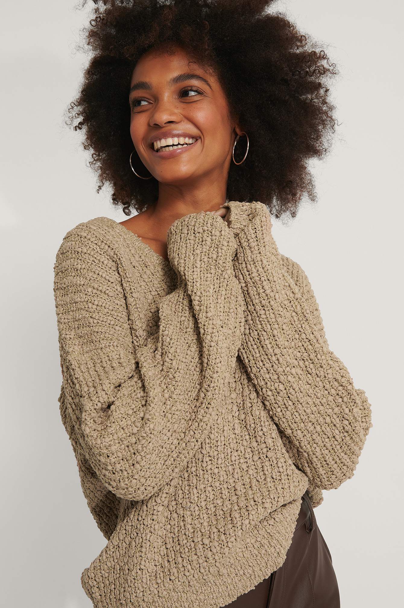 Beige Front V-neck Knitted Sweater