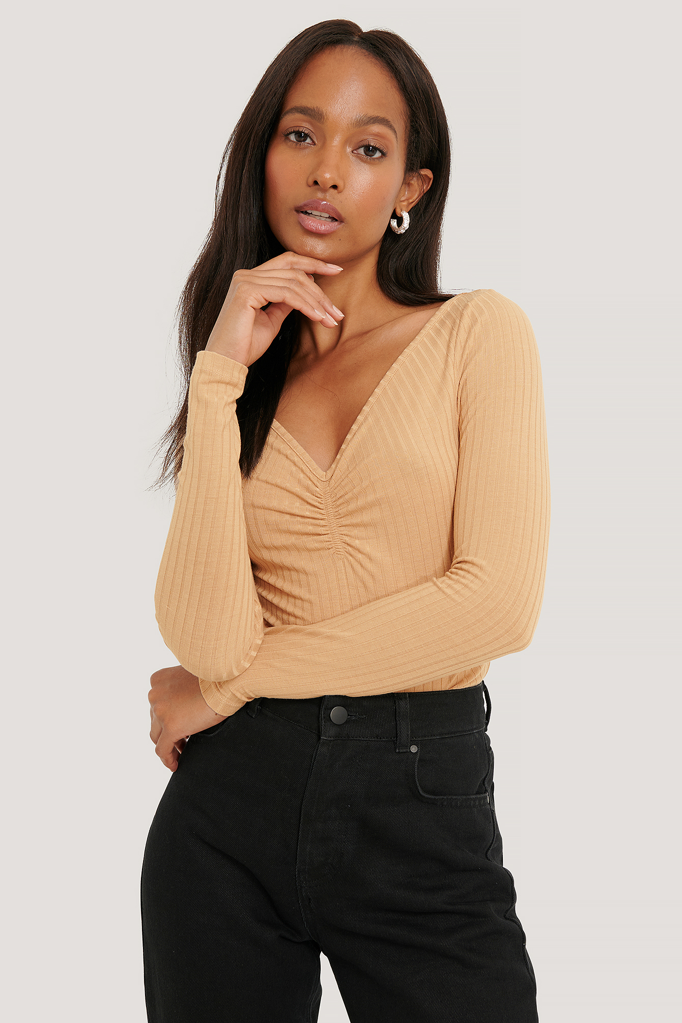 Light Beige Front Ruched Ribbed Top