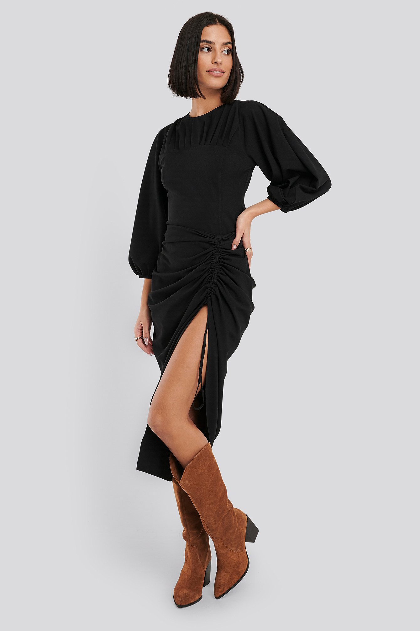 Black Gathered Side Split Midi Skirt
