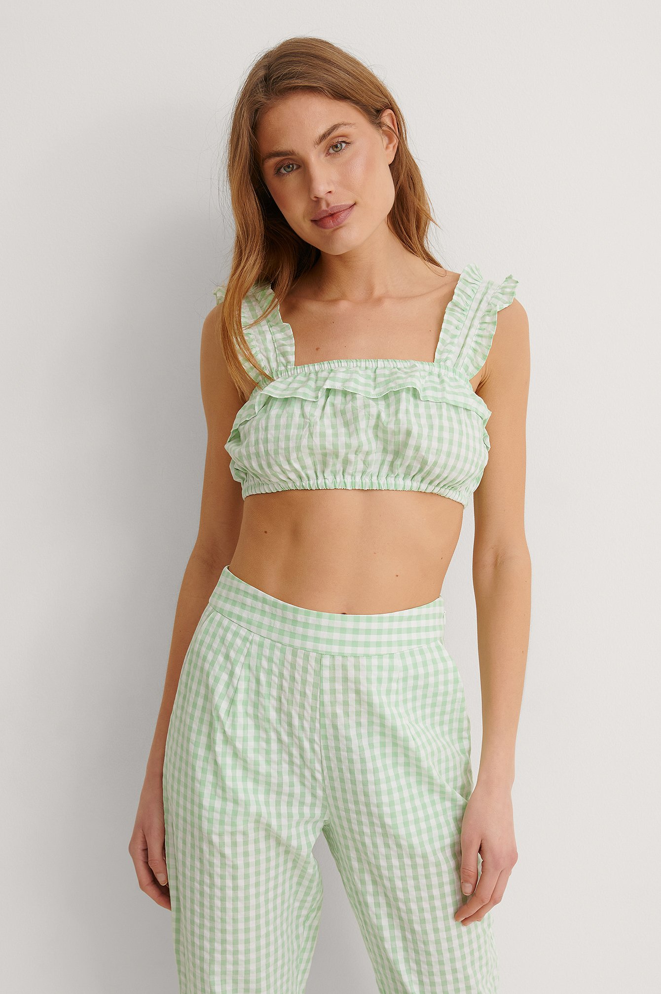Green/White Gingham Frilled Crop Top
