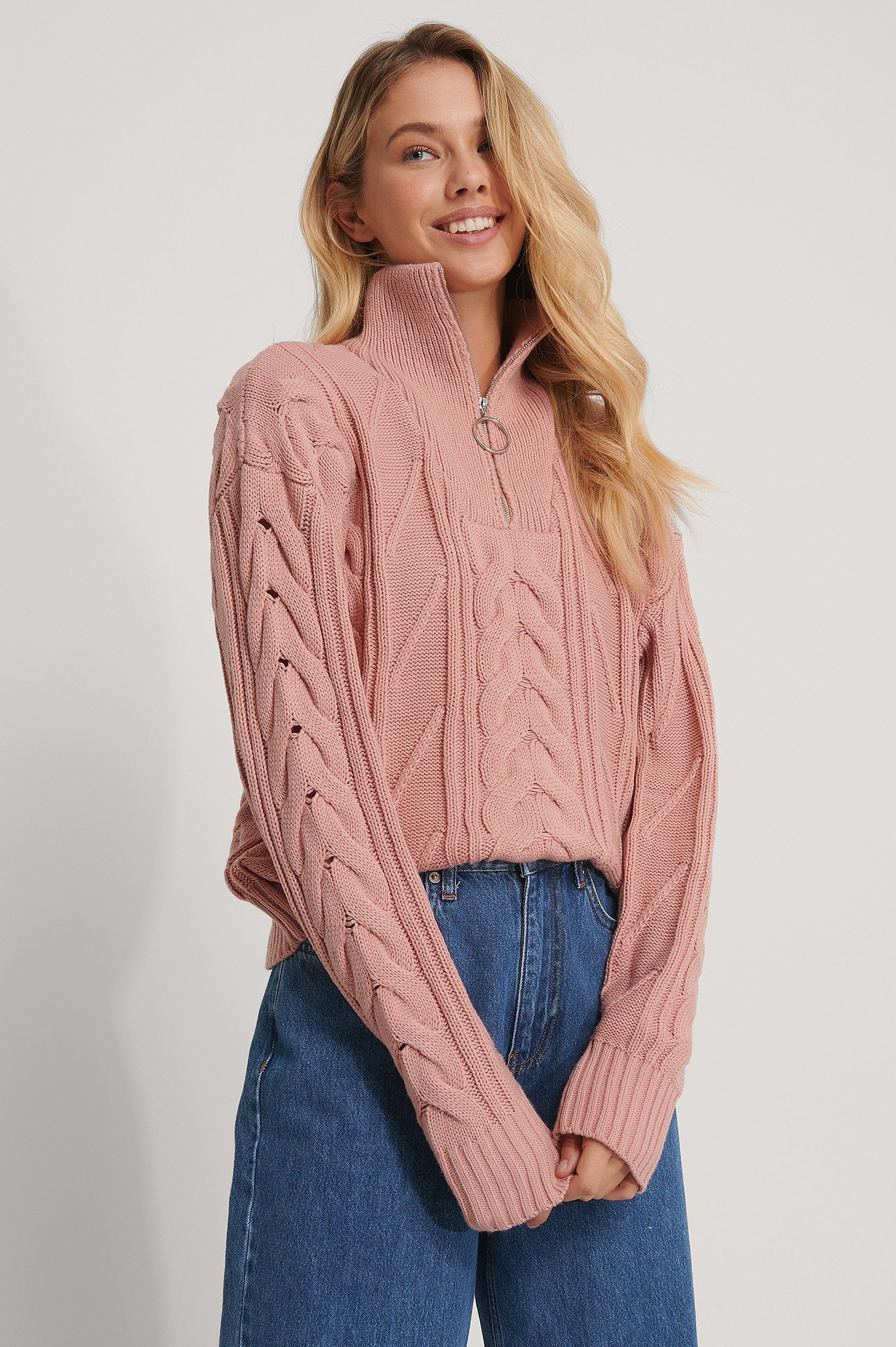 Dusty Pink Half Zip Cable Knit Sweater
