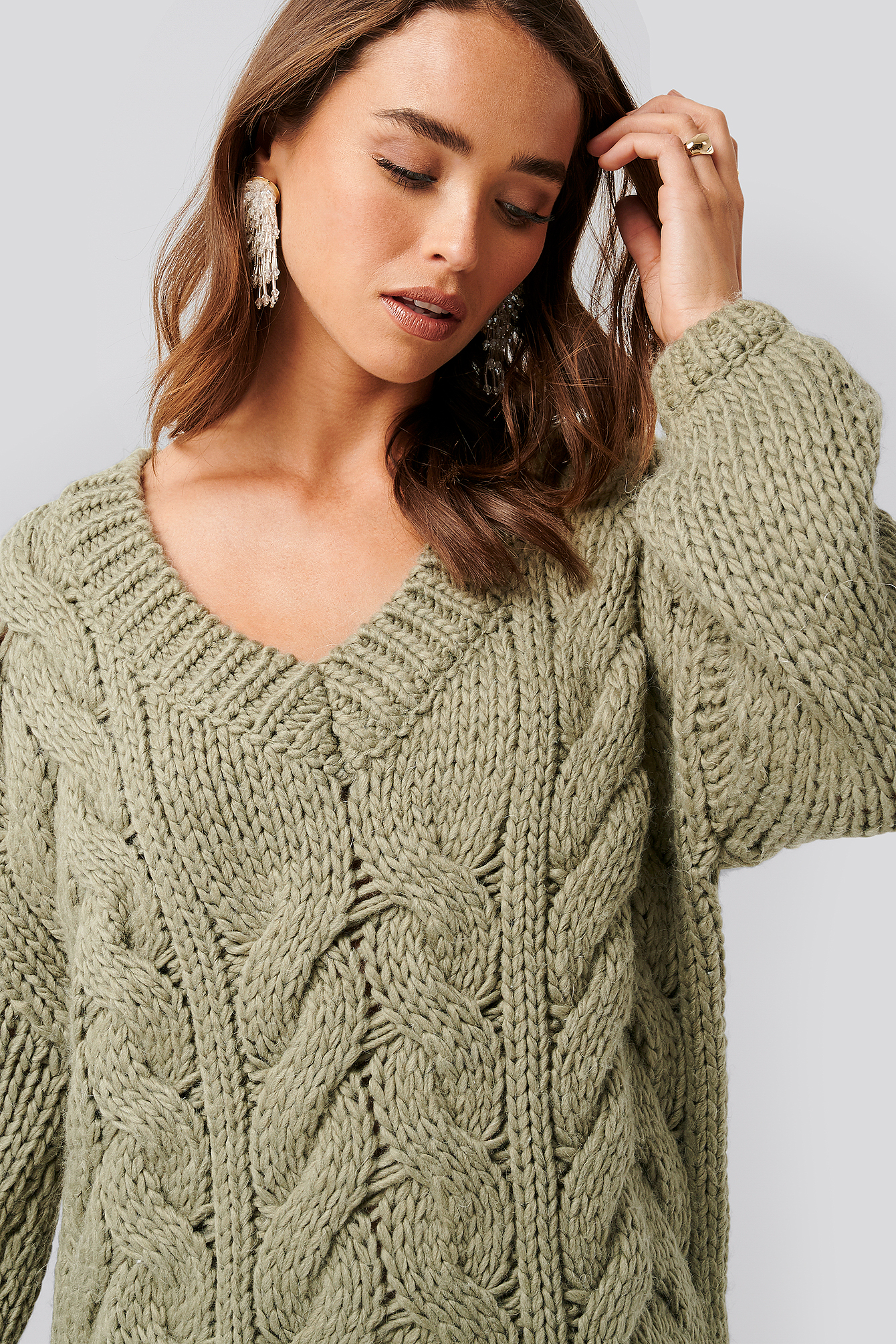 Khaki Wool Blend V-Neck Heavy Knitted Cable Sweater