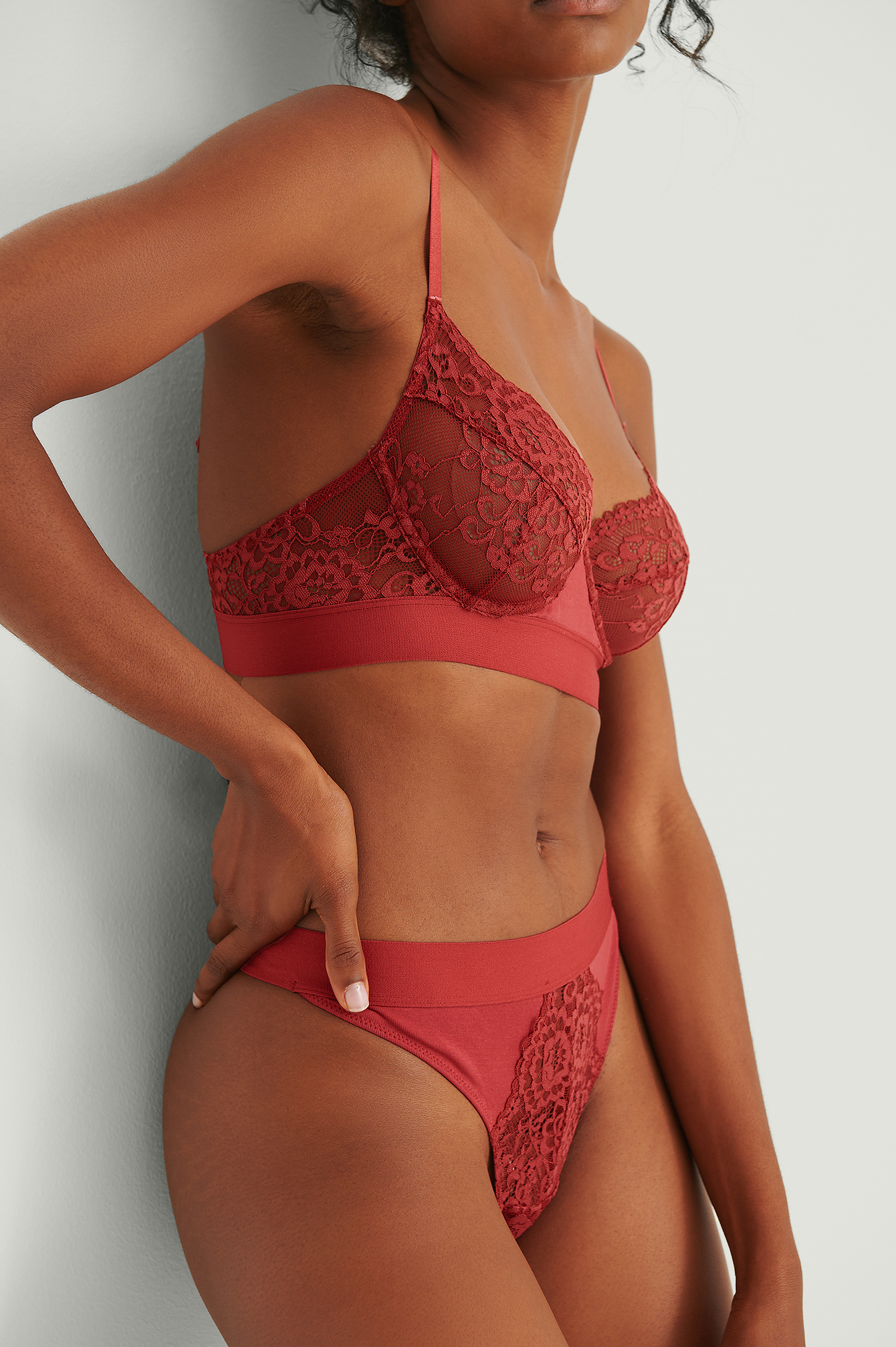 Red High Cut Lace Detail Cotton Thong