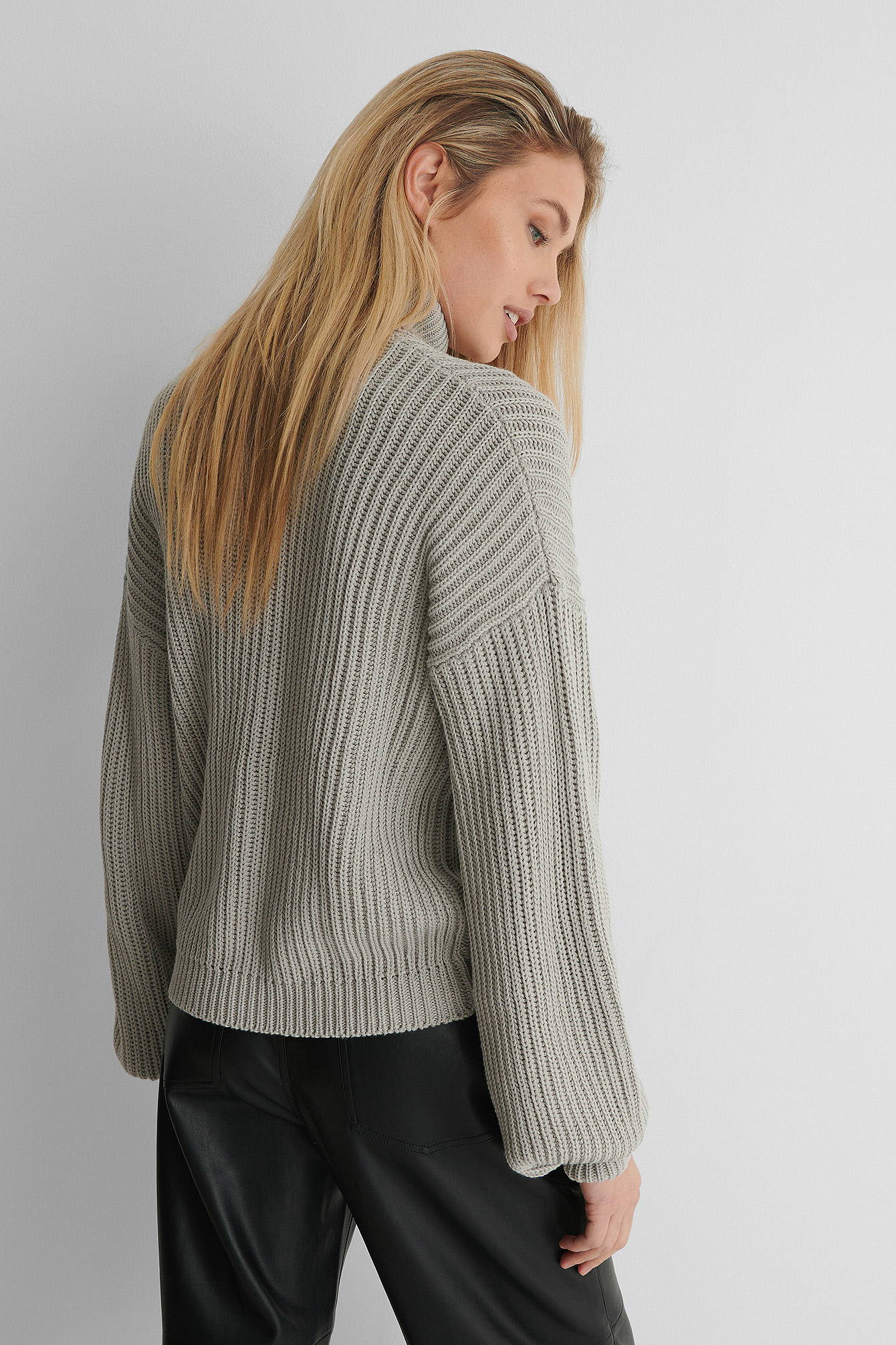 Grey High Neck Balloon Sleeve Knitted Sweater
