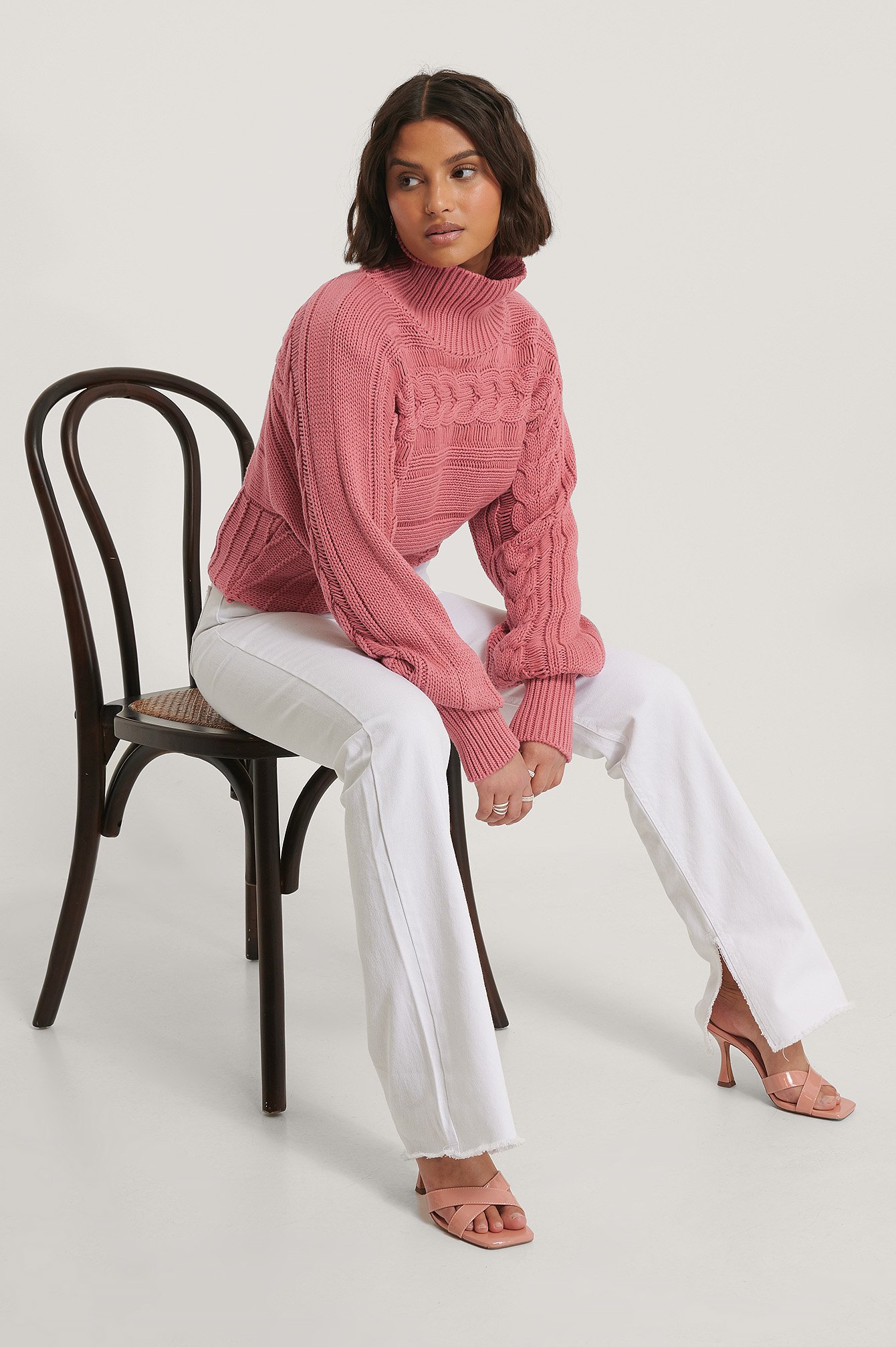 Dark Pink High Neck Cable Detail Knitted Sweater