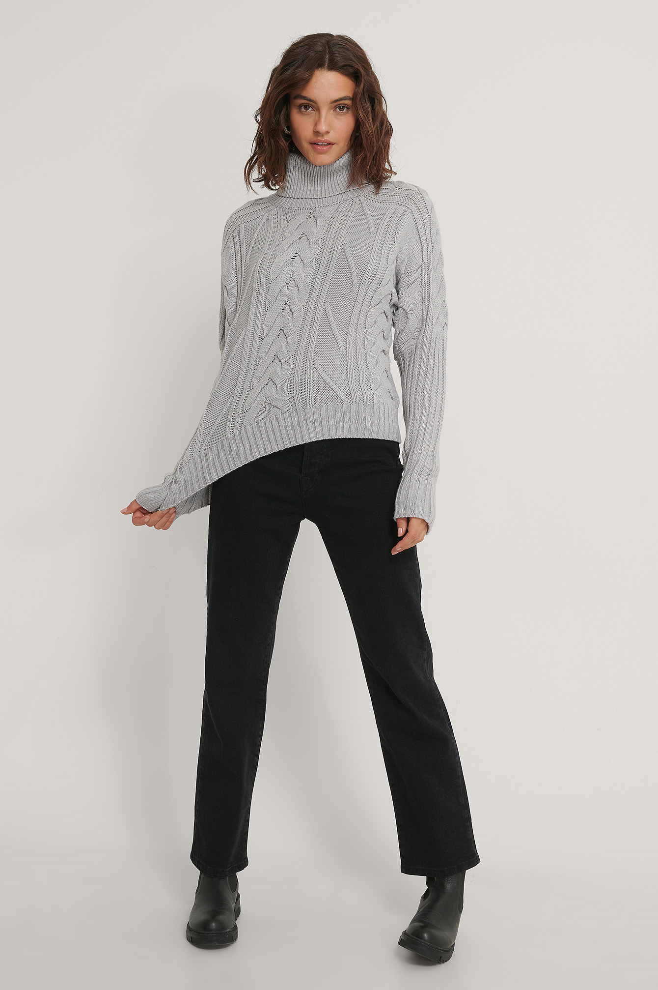 Grey High Neck Cable Knit Sweater