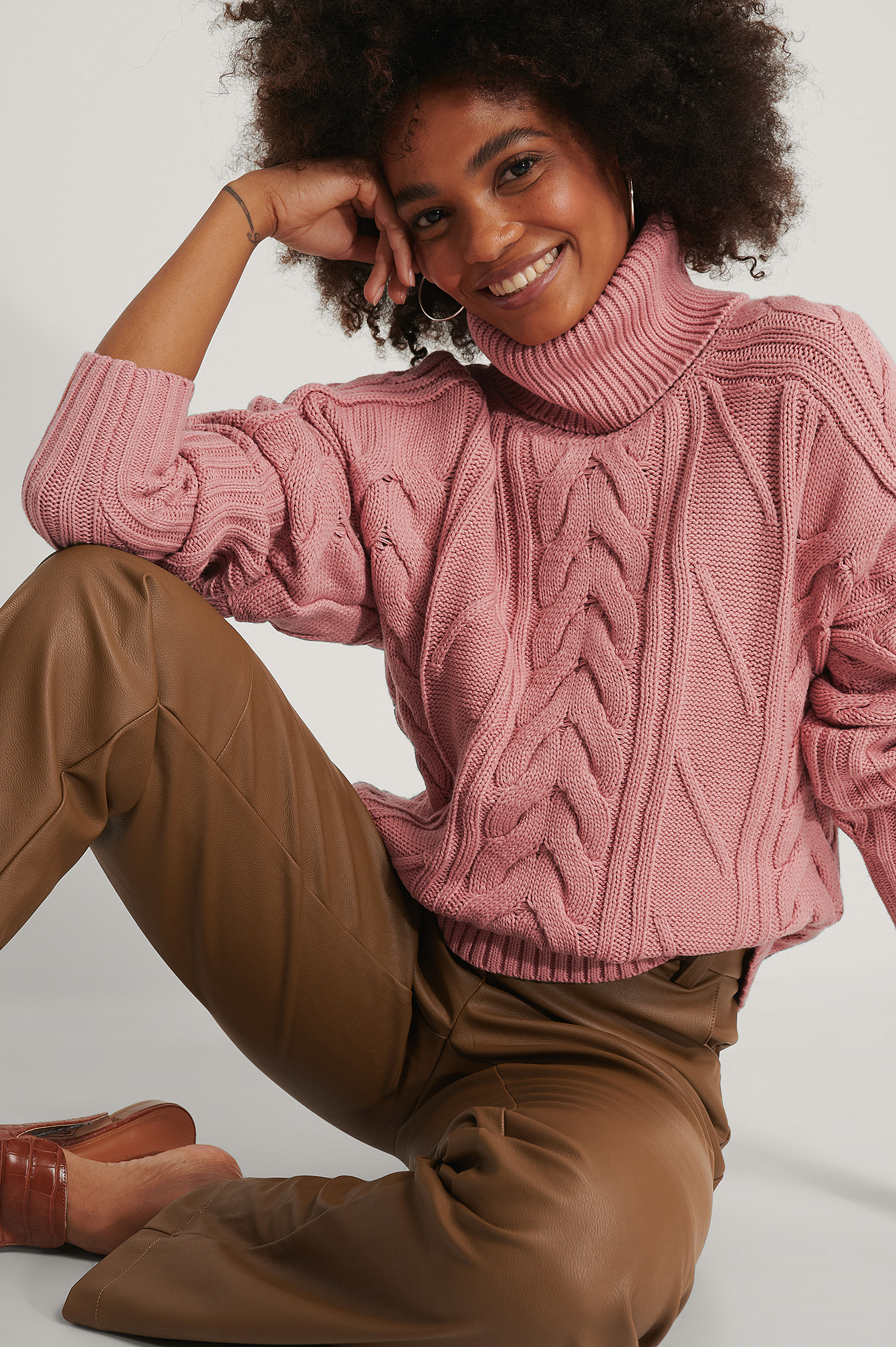 Dusty Rose High Neck Cable Knit Sweater