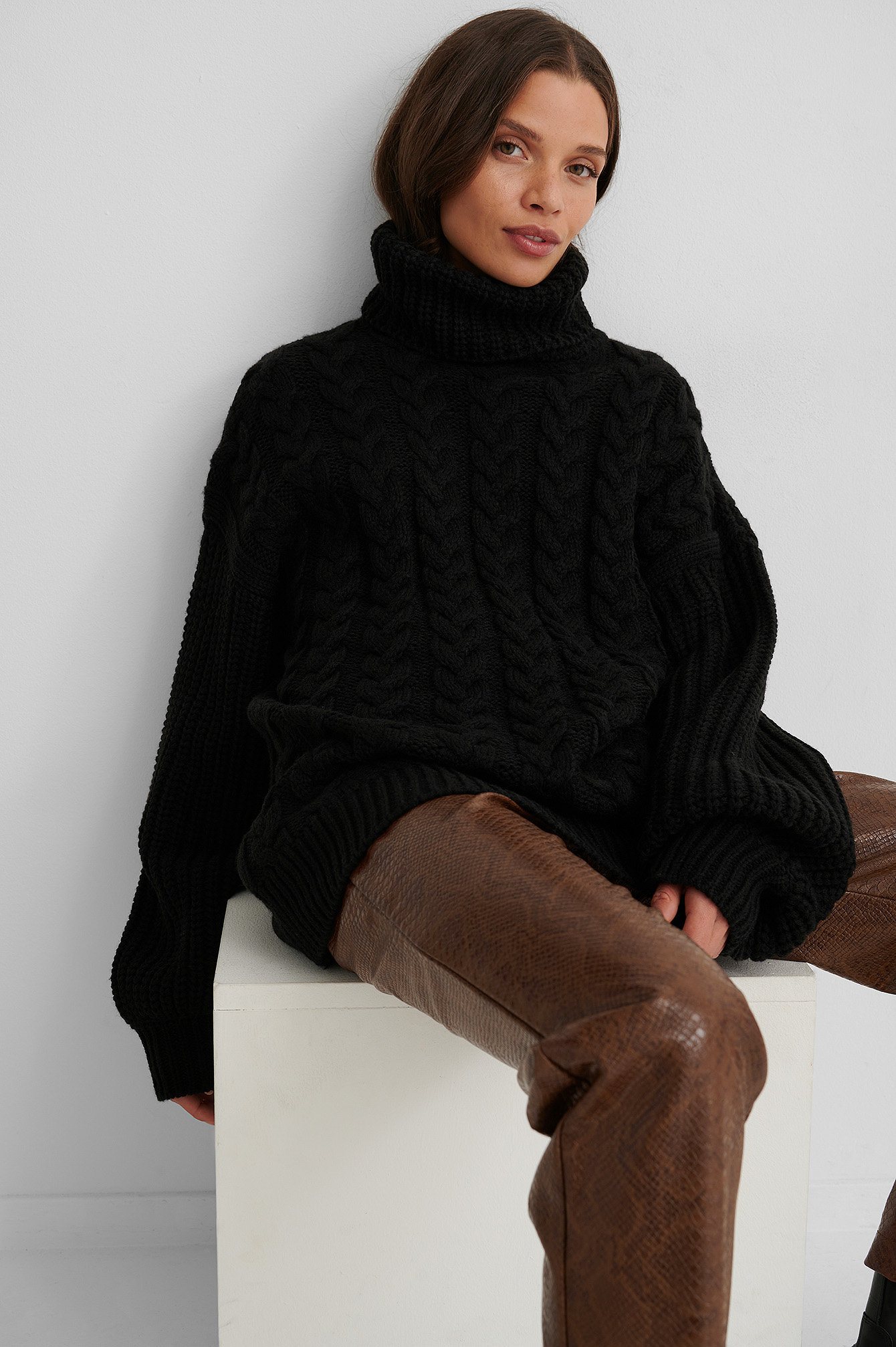 Black High Neck Cable Long Knitted Sweater