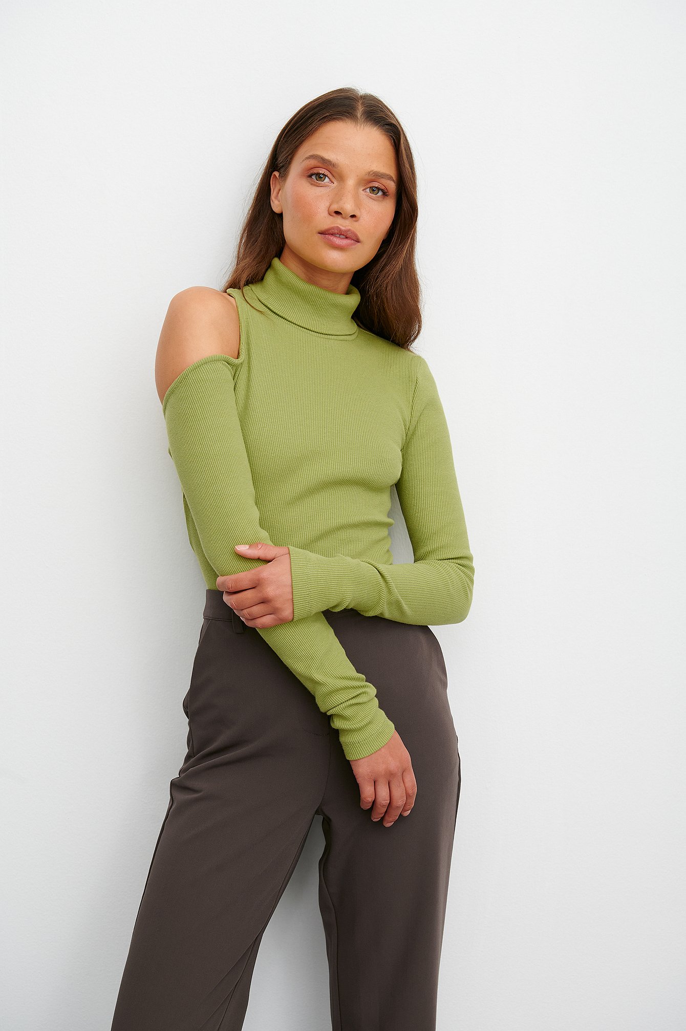 Green Olive High Neck Cut Out Top