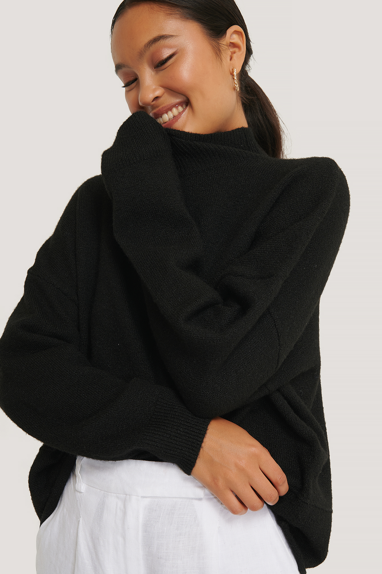 Black High Neck Dropped Shoulder Knitted Sweater