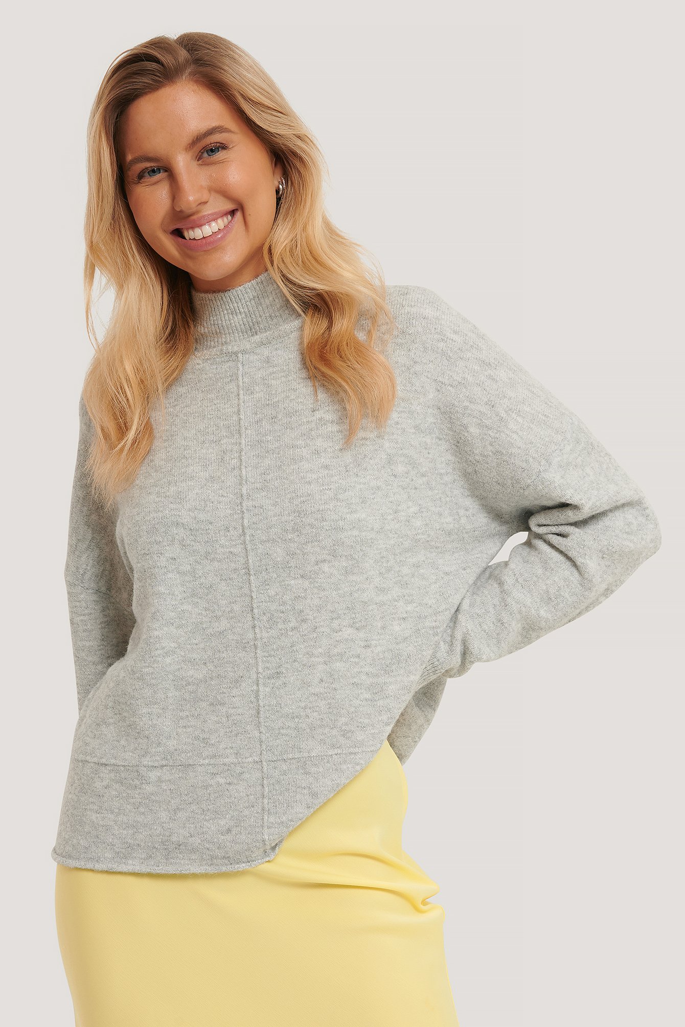 Light Grey High Neck Dropped Shoulder Knitted Sweater