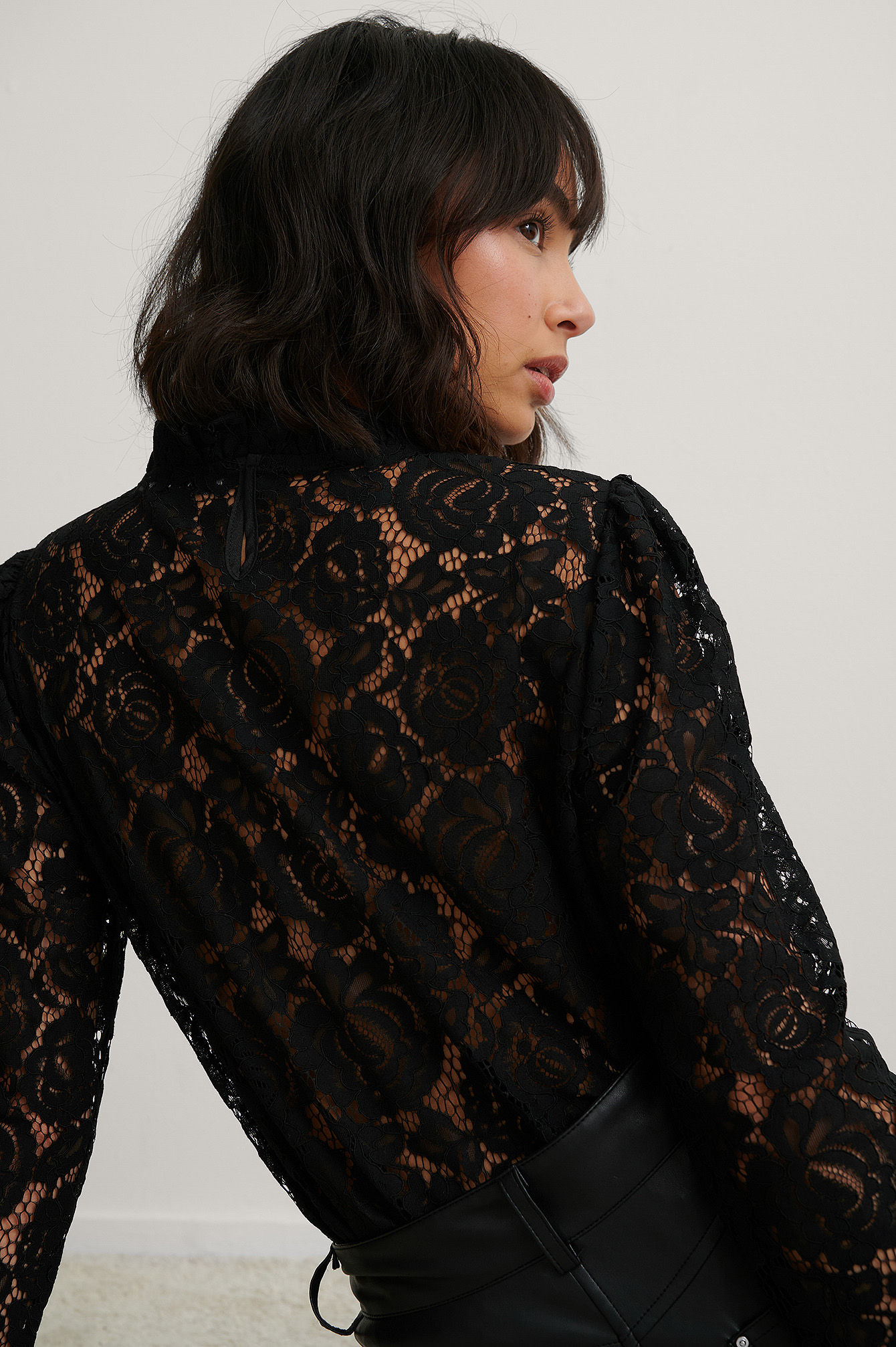 Black High Neck Frill Lace Blouse