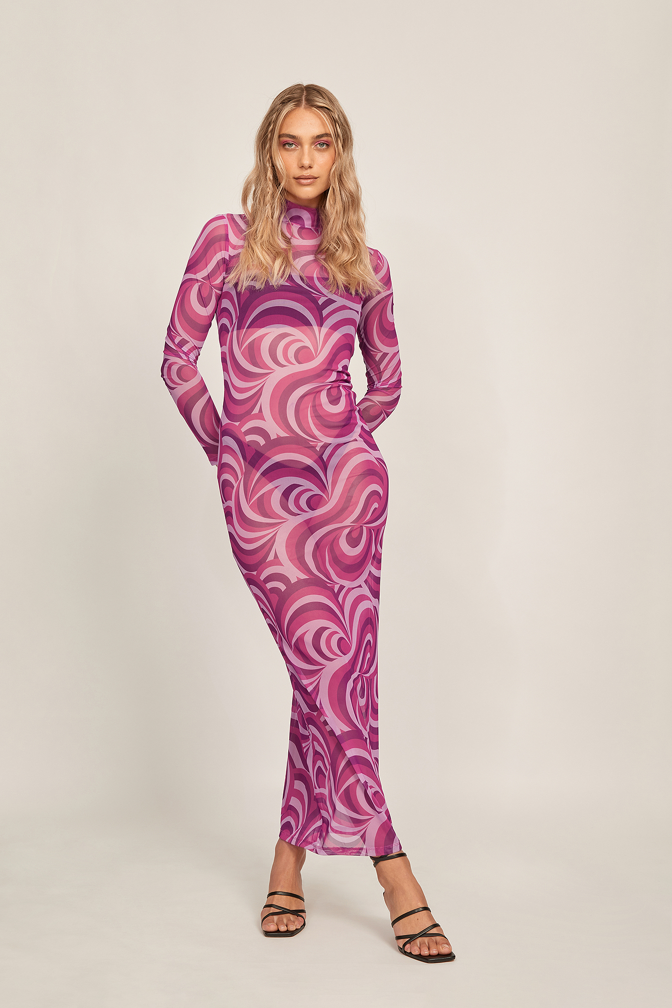 Lilac Print High Neck Mesh Maxi Dress