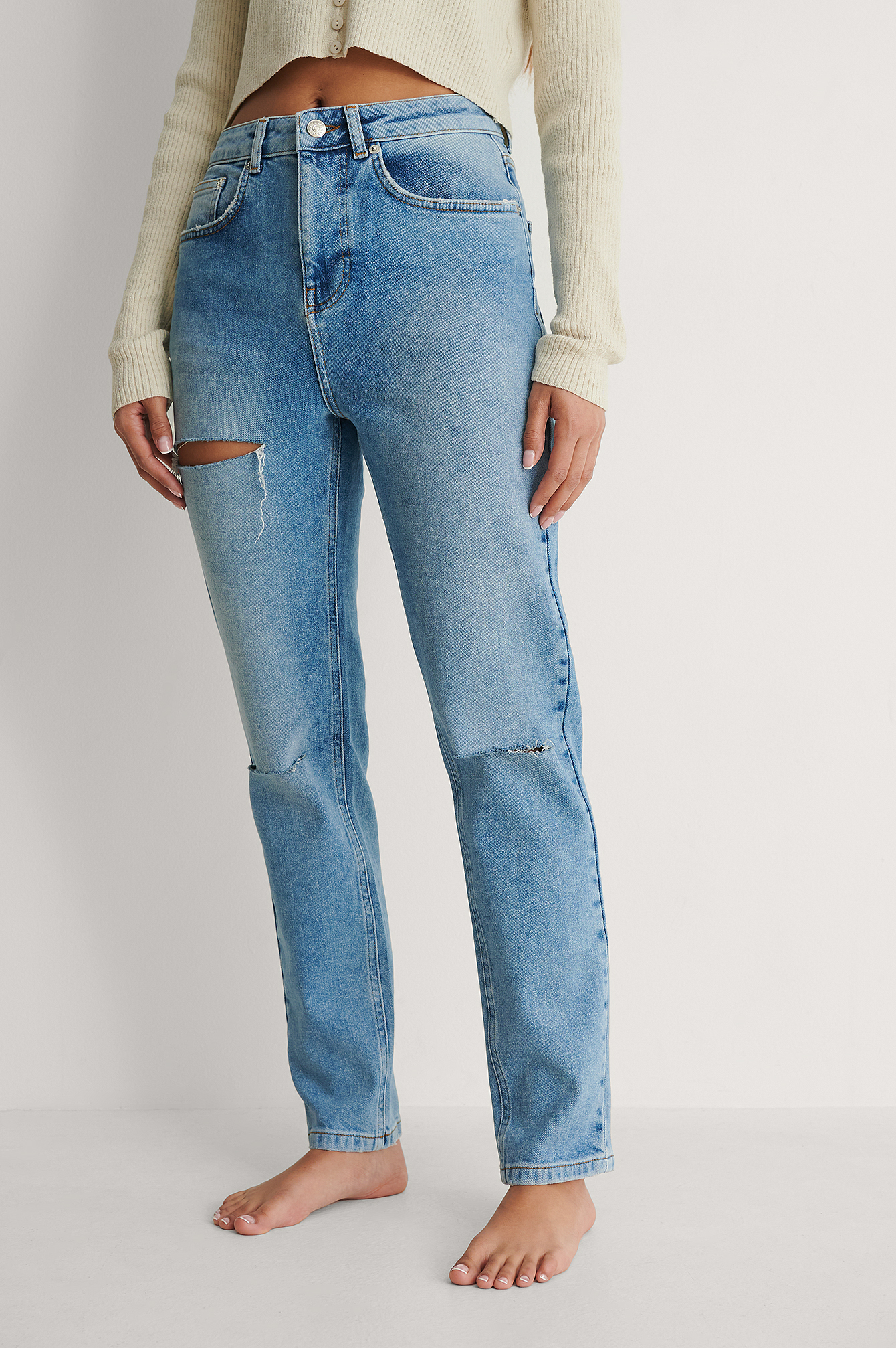 Mid Blue Organic High Waist Slim Destroyed Jeans