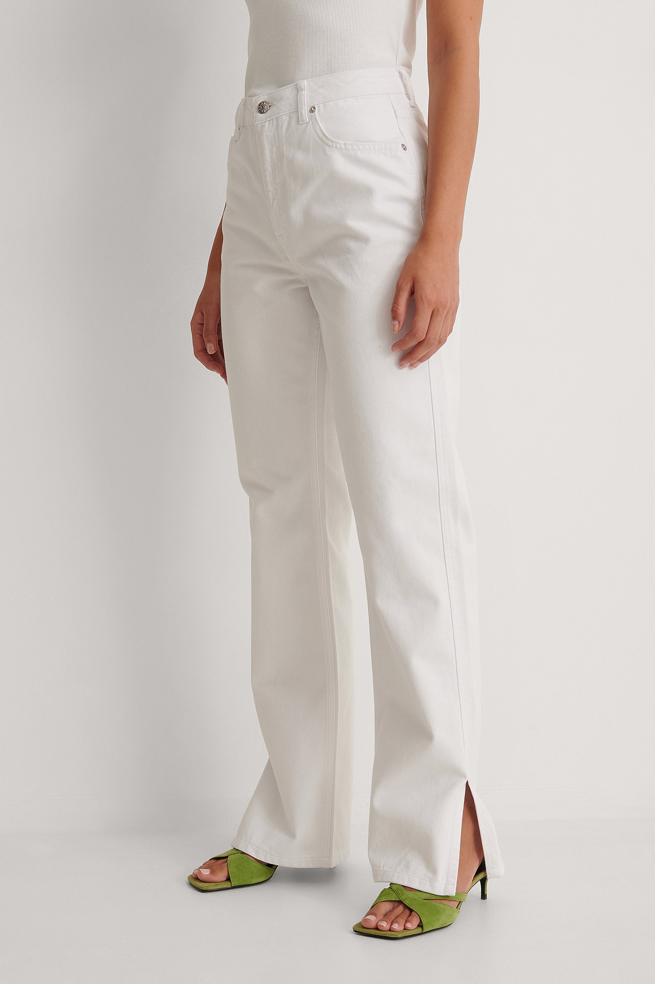White High Waist Straight Side Slit Jeans