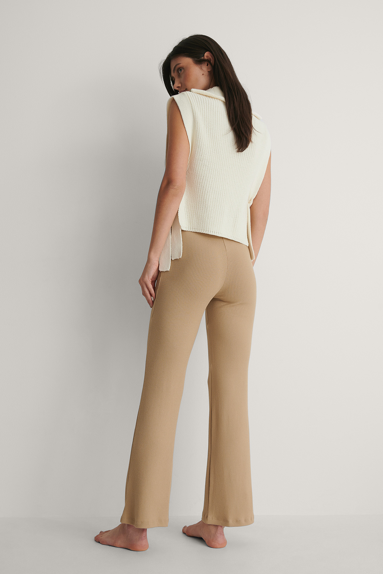 Beige High Waisted Ribbed Pants