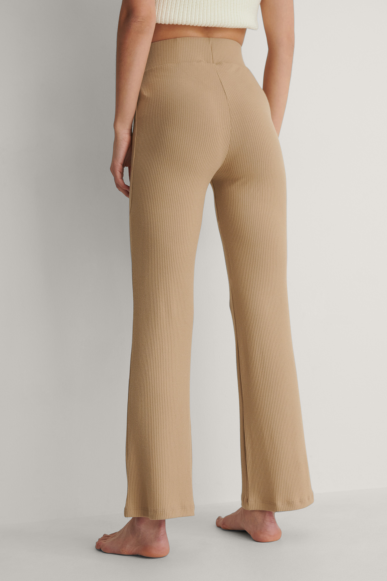 Beige High Waisted Ribbed Pants