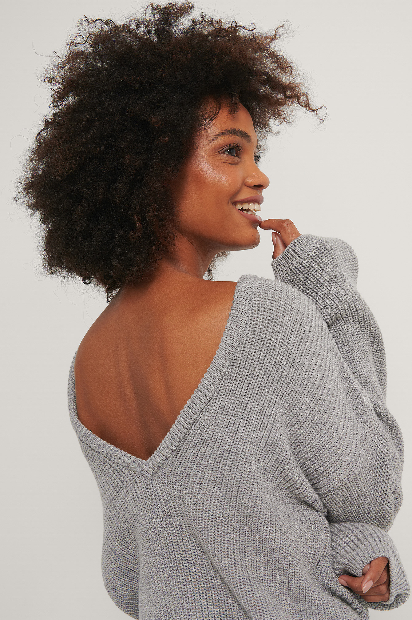Grey Knitted Deep V-neck Sweater