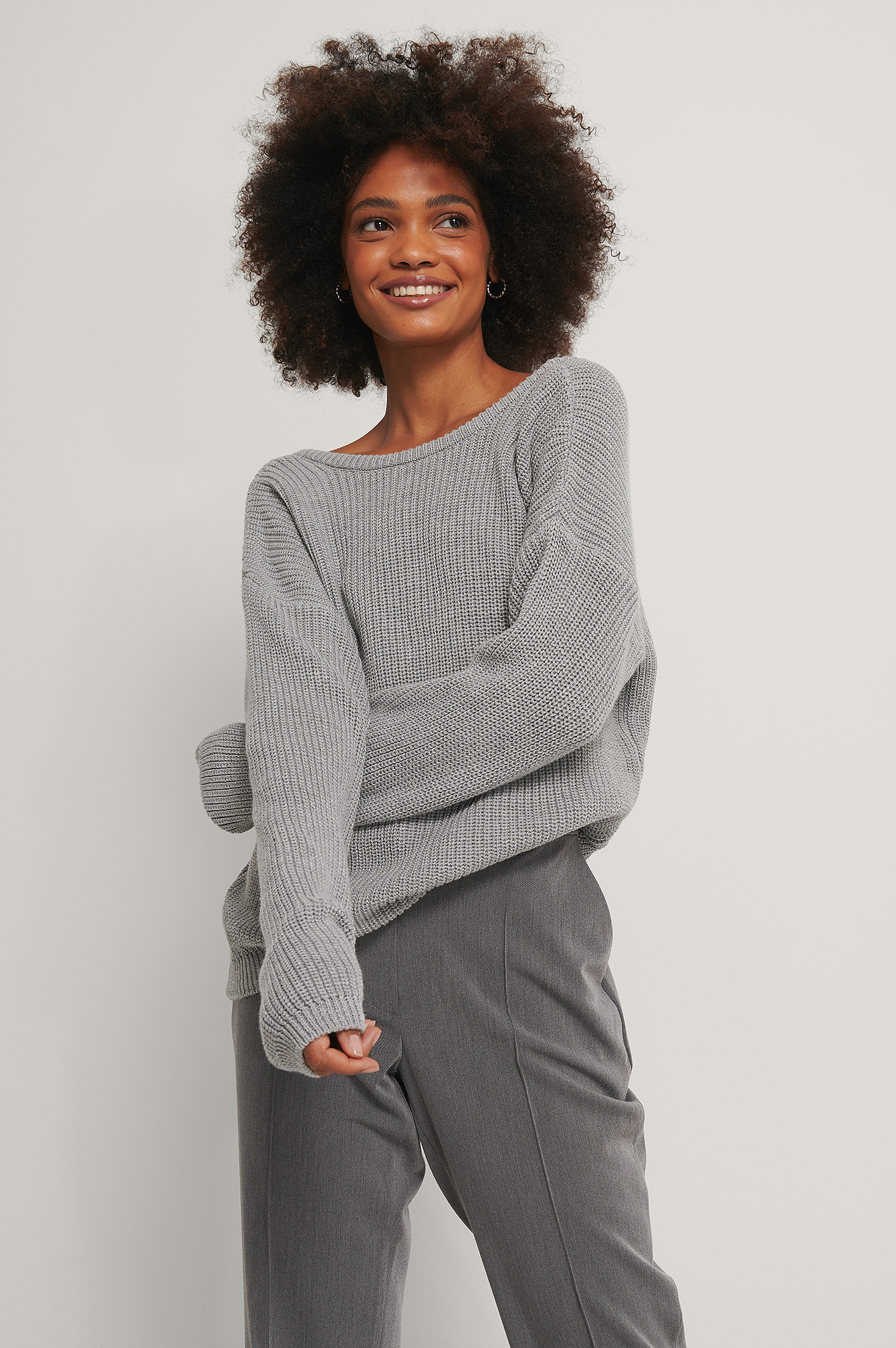 Grey Knitted Deep V-neck Sweater