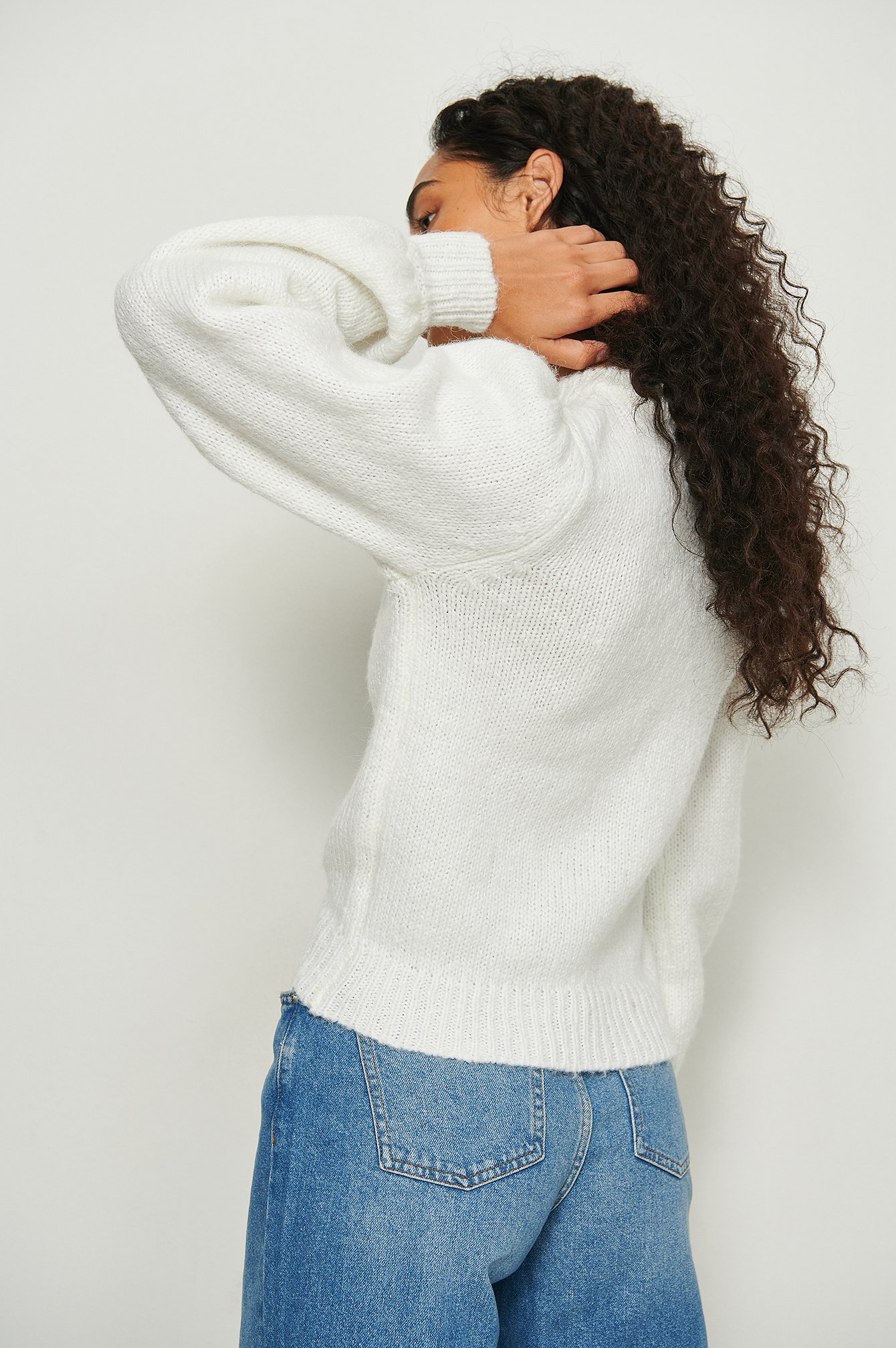 White Knitted Puff Shoulder Sweater