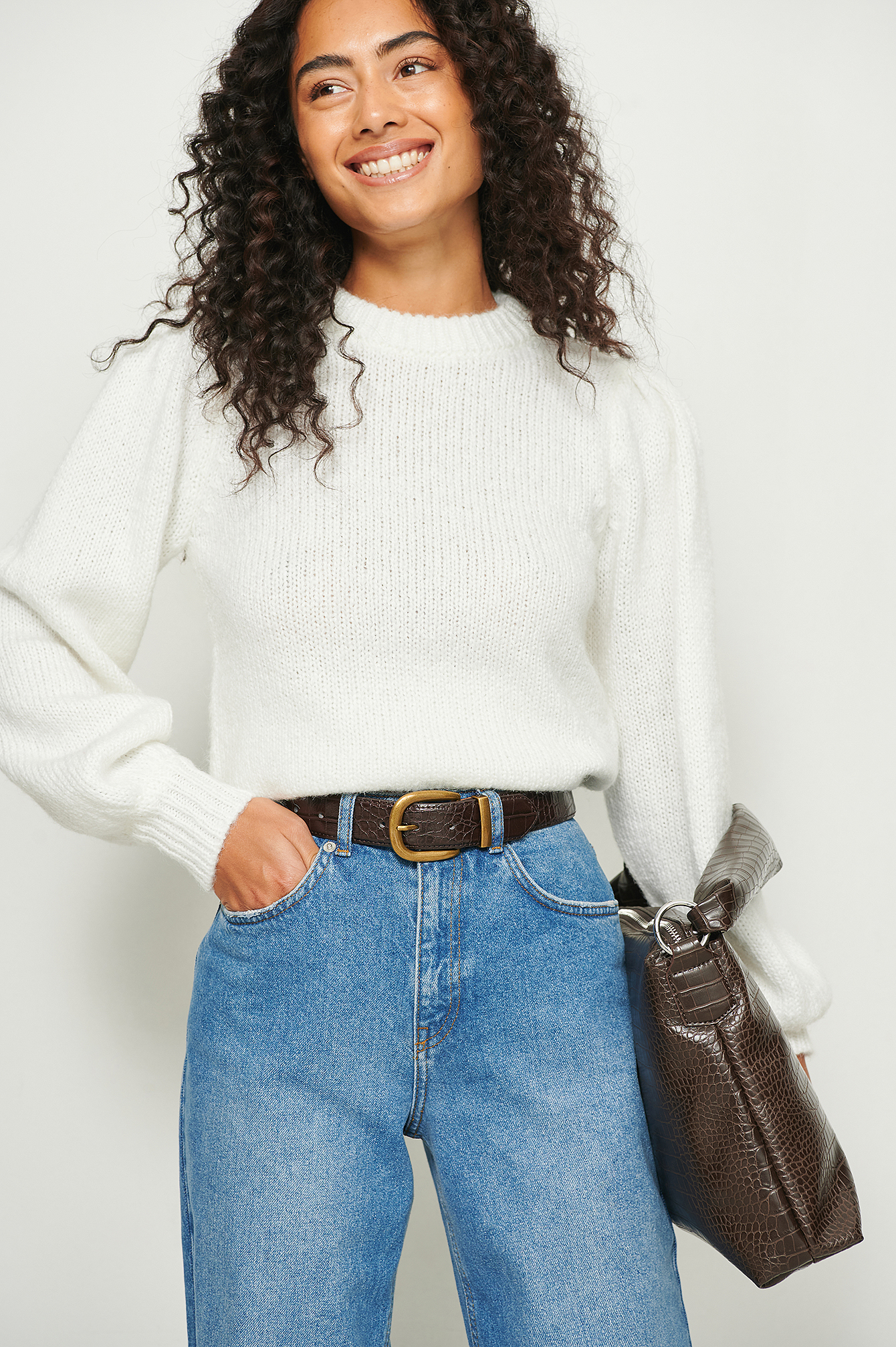 White Knitted Puff Shoulder Sweater
