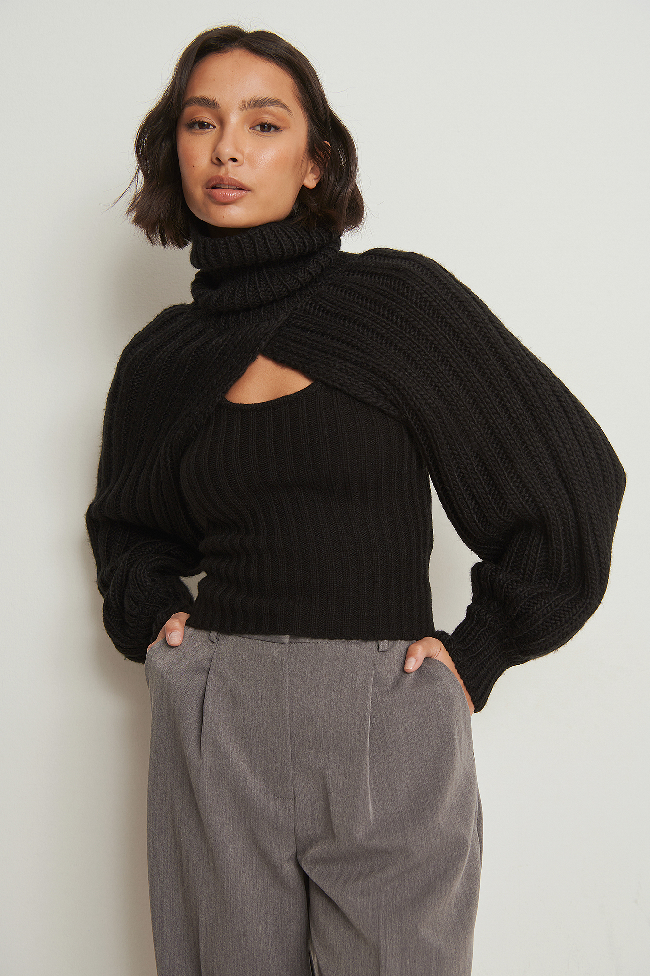 Black Knitted Turtle Neck Supercropped Cardigan