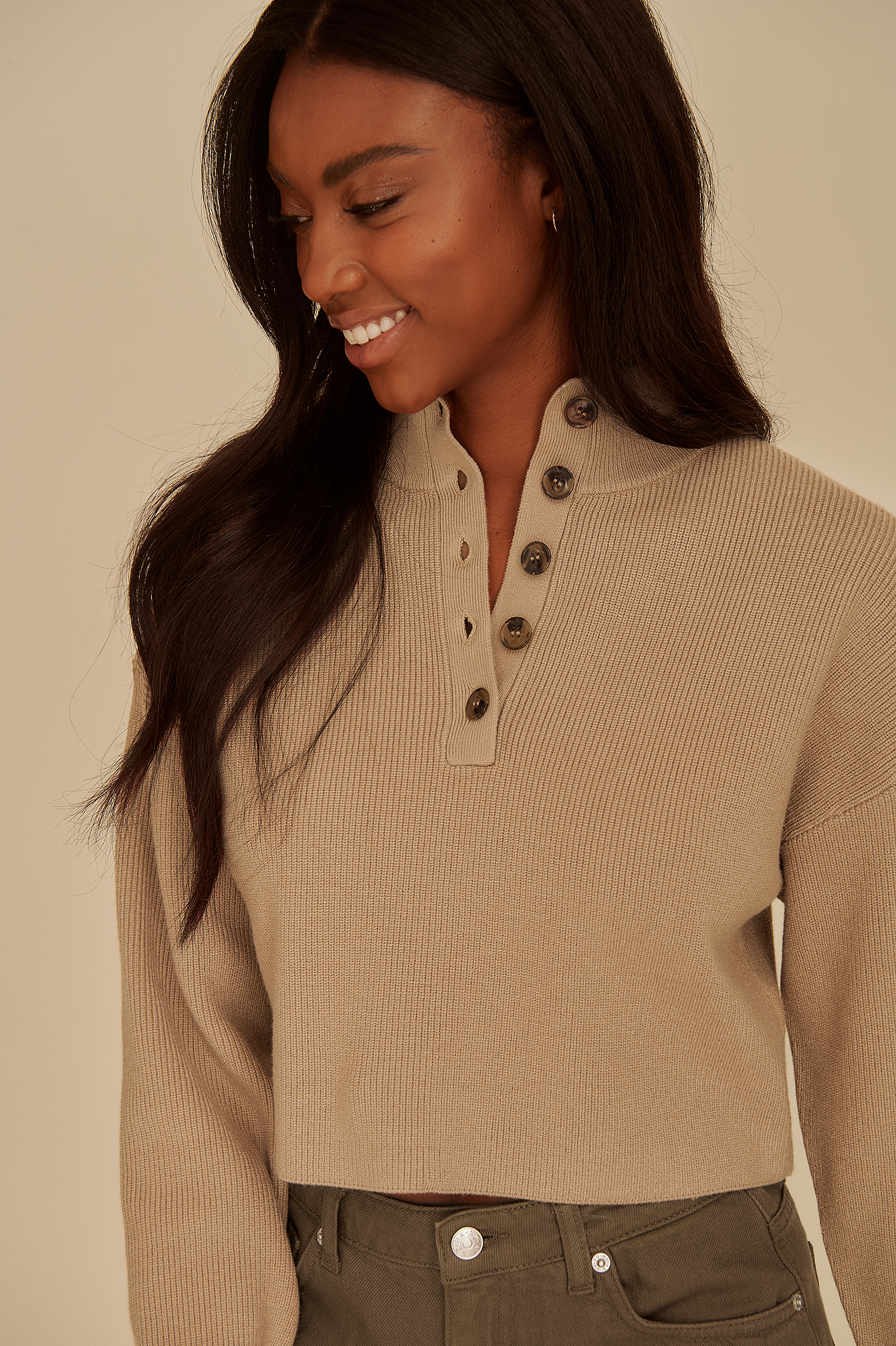 Taupe Knitted Turtleneck Collar Sweater