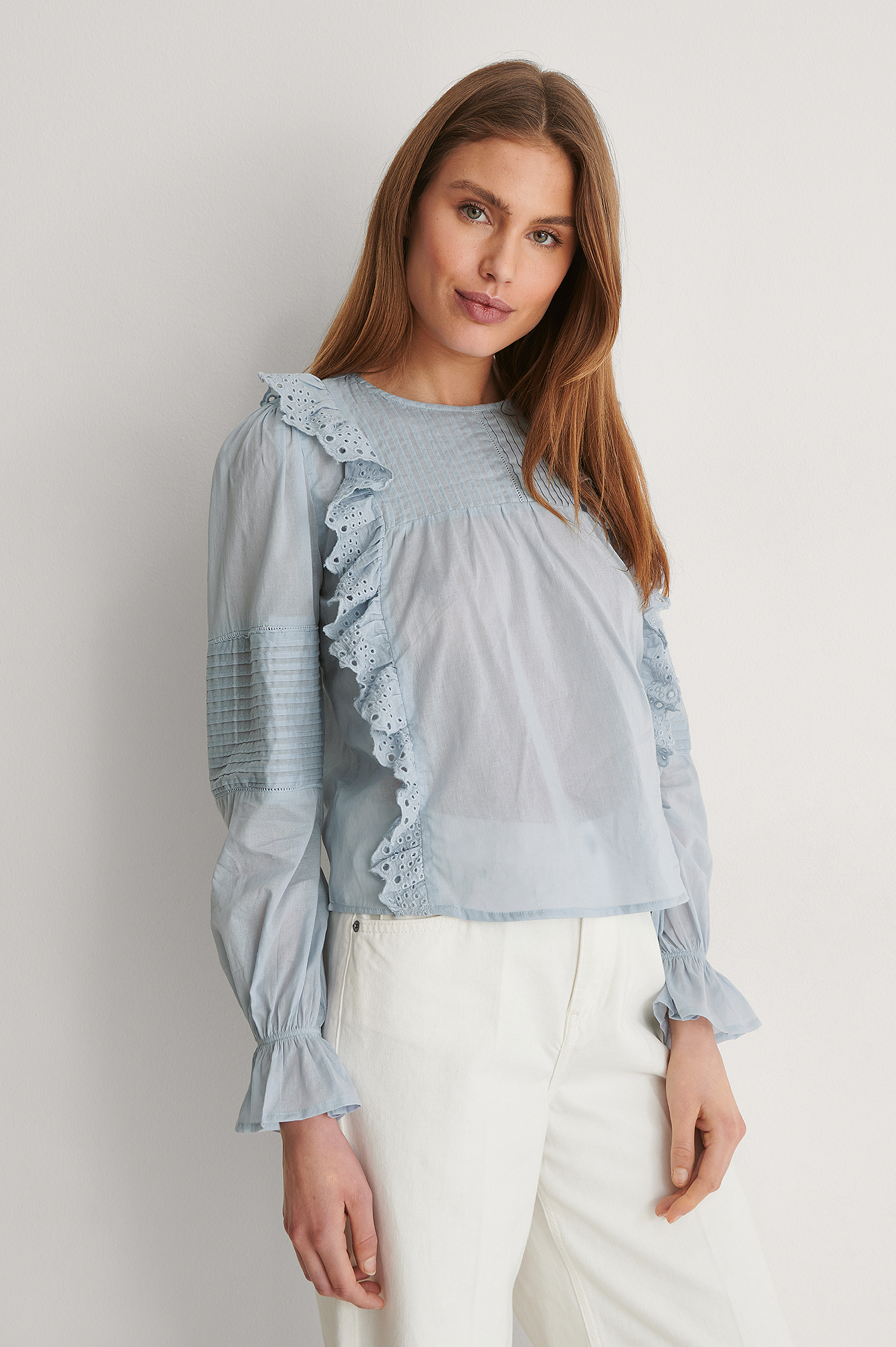 Dusty Blue Long Sleeve Frill Cotton Blouse
