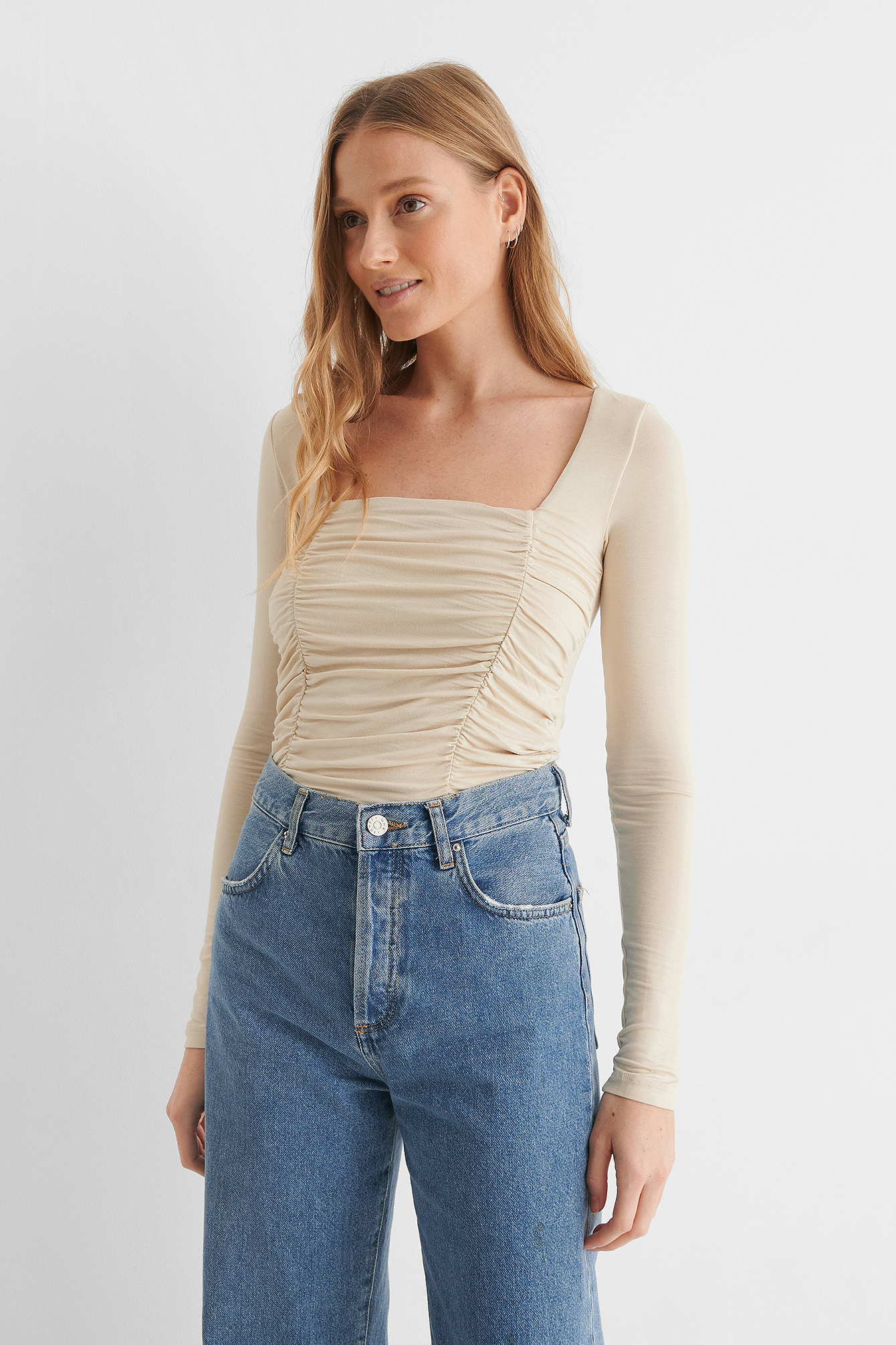 Beige Long Sleeve Rouched Top