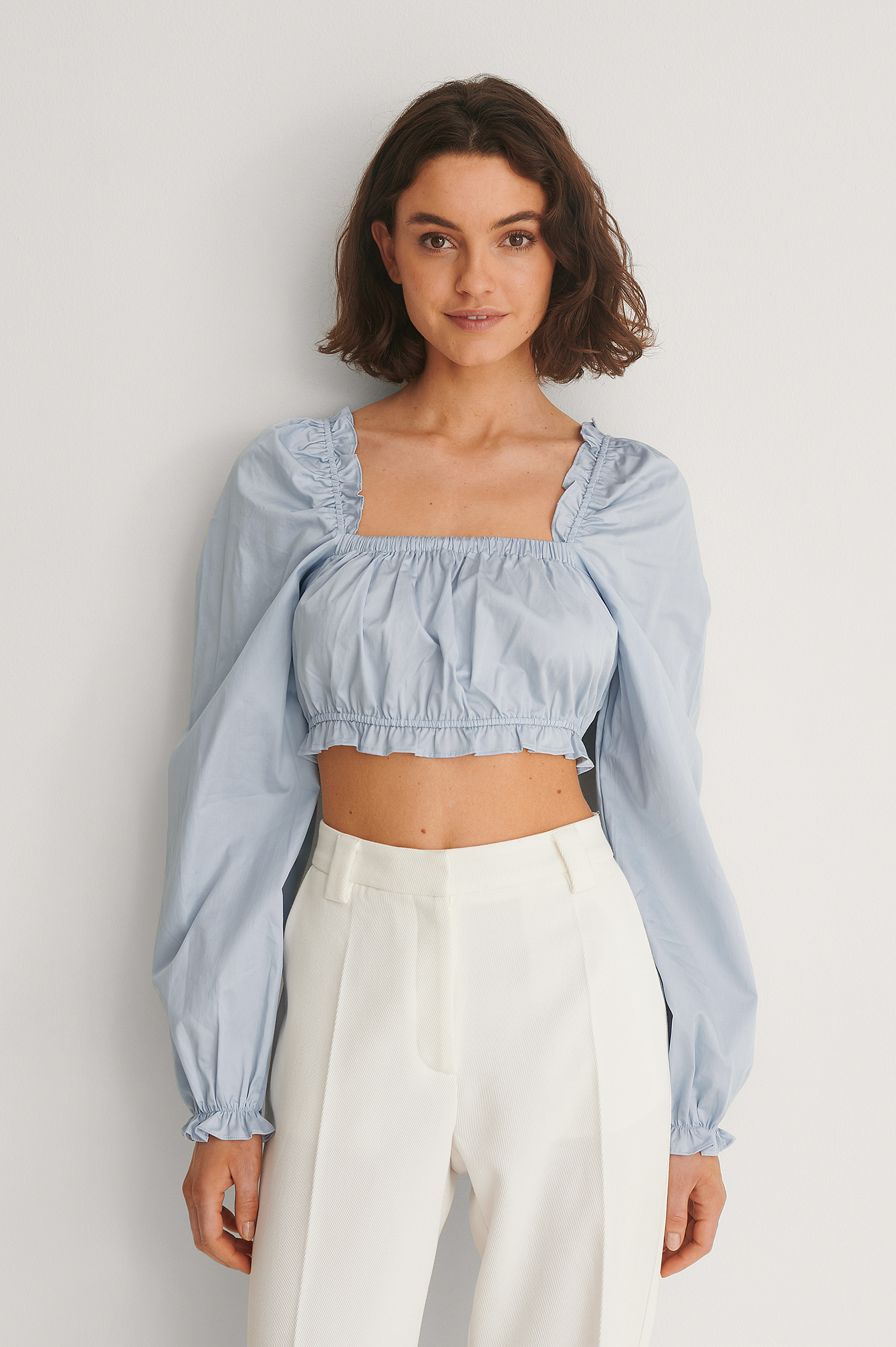 Dusty Blue Recycled Long Sleeve Shirred Crop Top