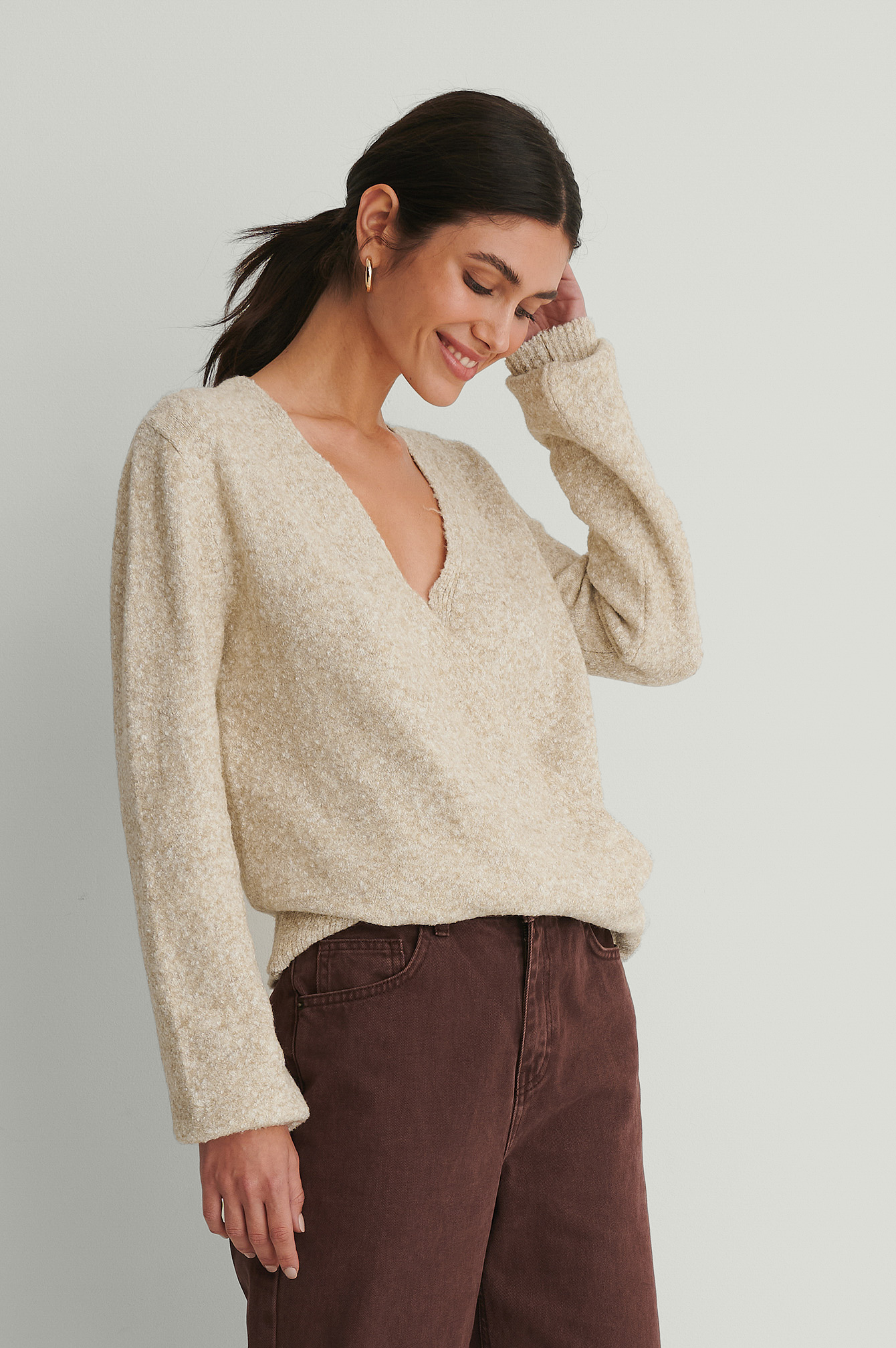 Beige Melange Melange Knitted Overlap Sweater