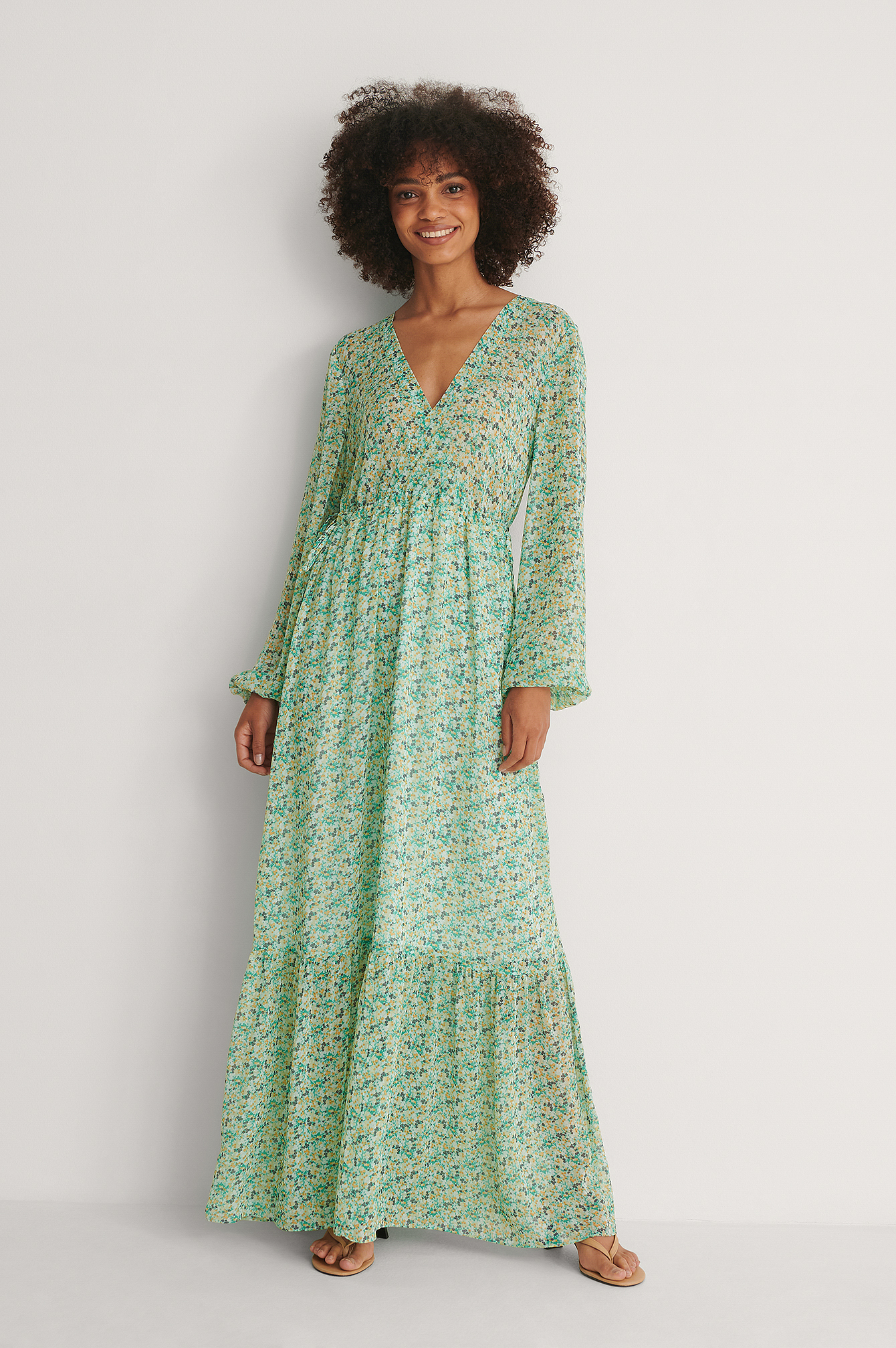 Green Flower Maxi Drawstring Sheer Dress