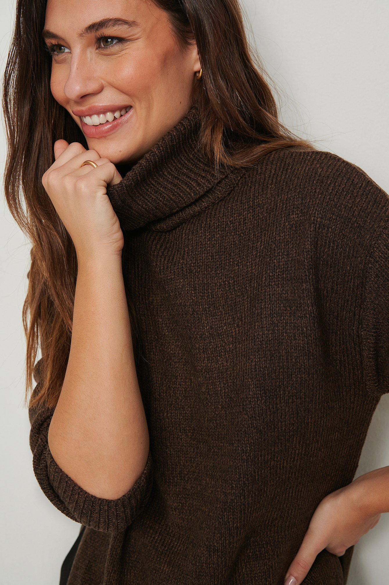 Brown Recycled Melange High Neck Knitted Long Sleeve Sweater