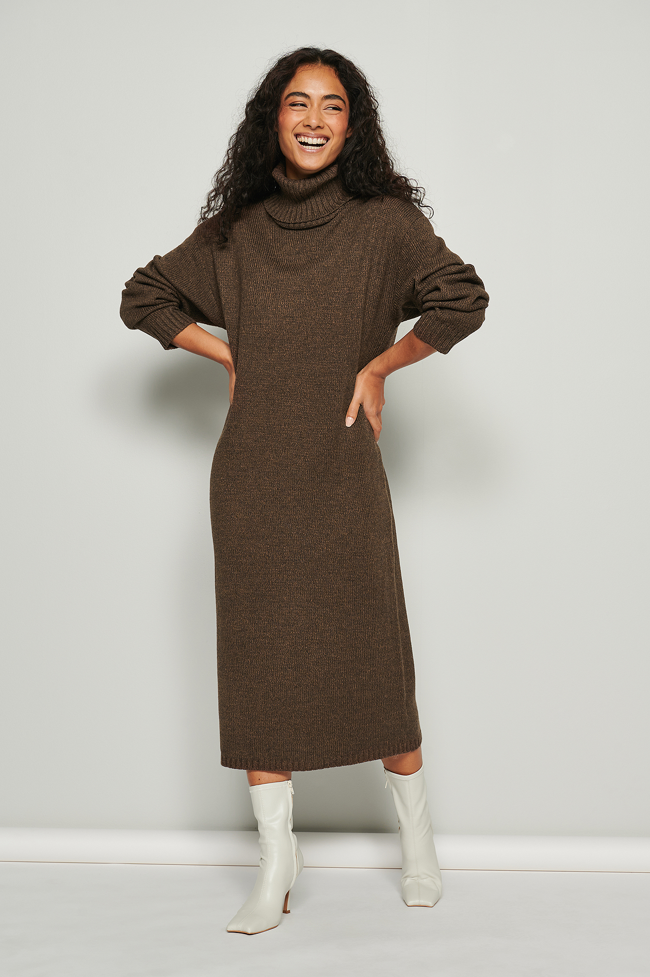 Brown Melange High Neck Knitted Long Sleeve Midi Dress