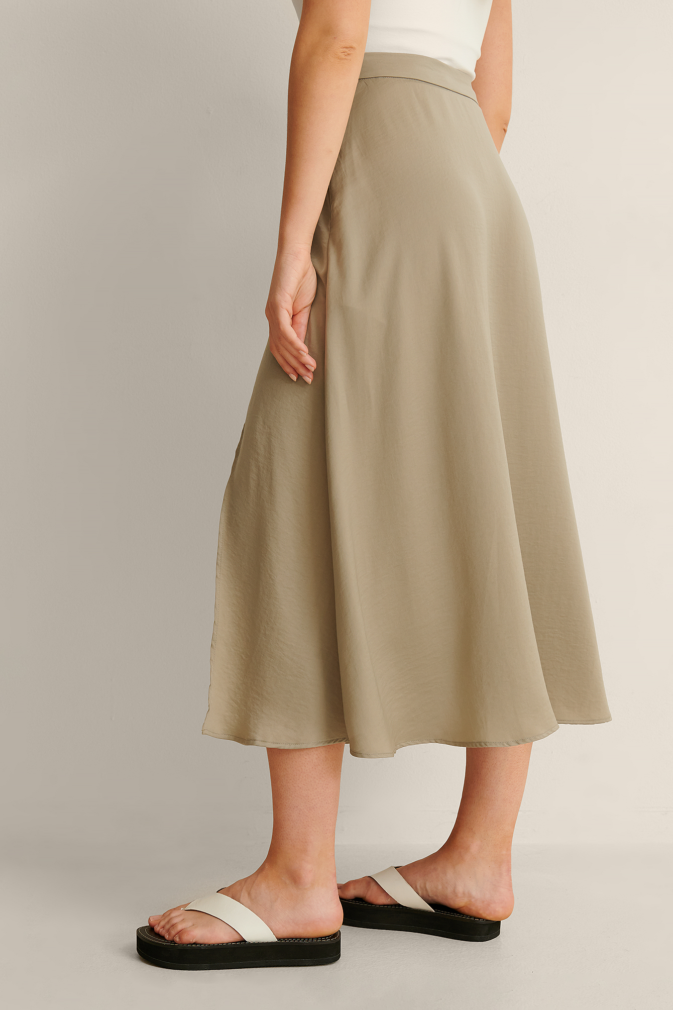 Light Khaki Midi Front Slit Skirt