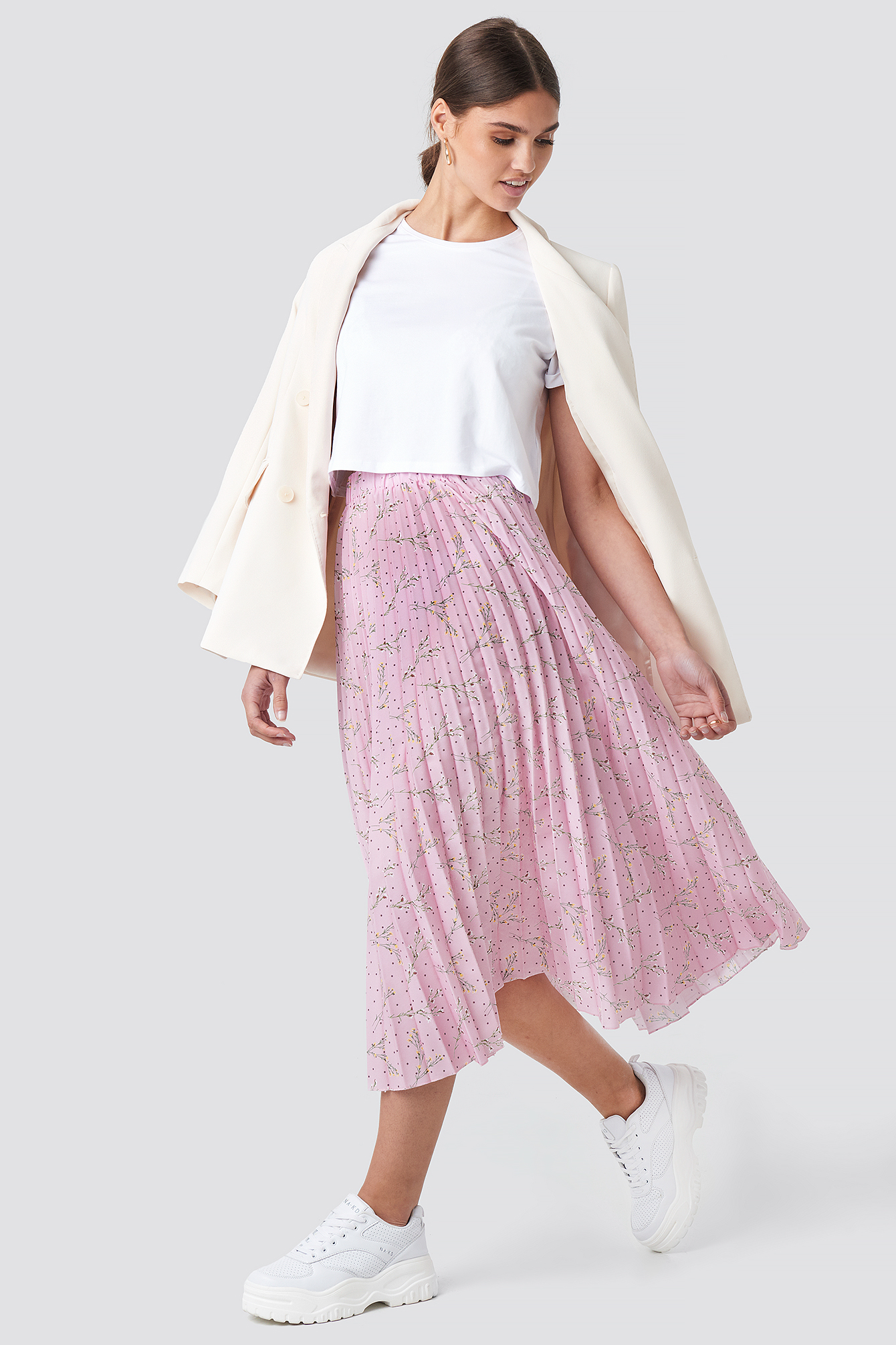 Pink Flower Midi Pleated Skirt