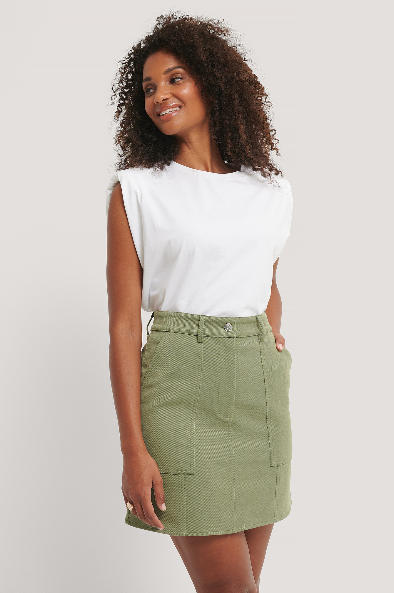 Khaki Mini A-line Twill Skirt