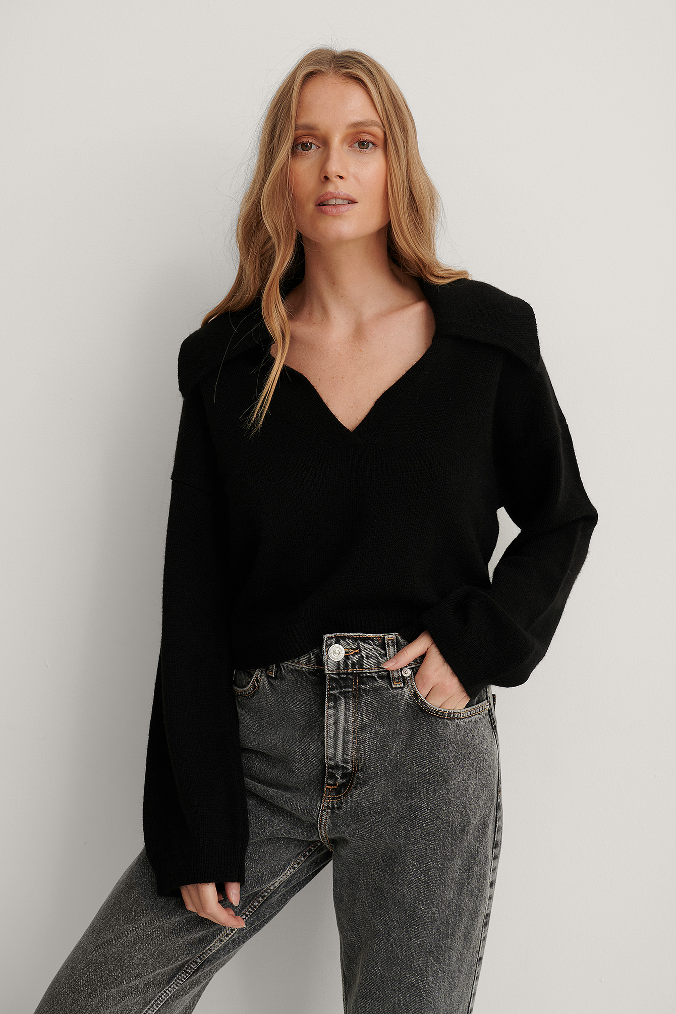 Black Wide Sleeve Collar Detail Knitted Sweater